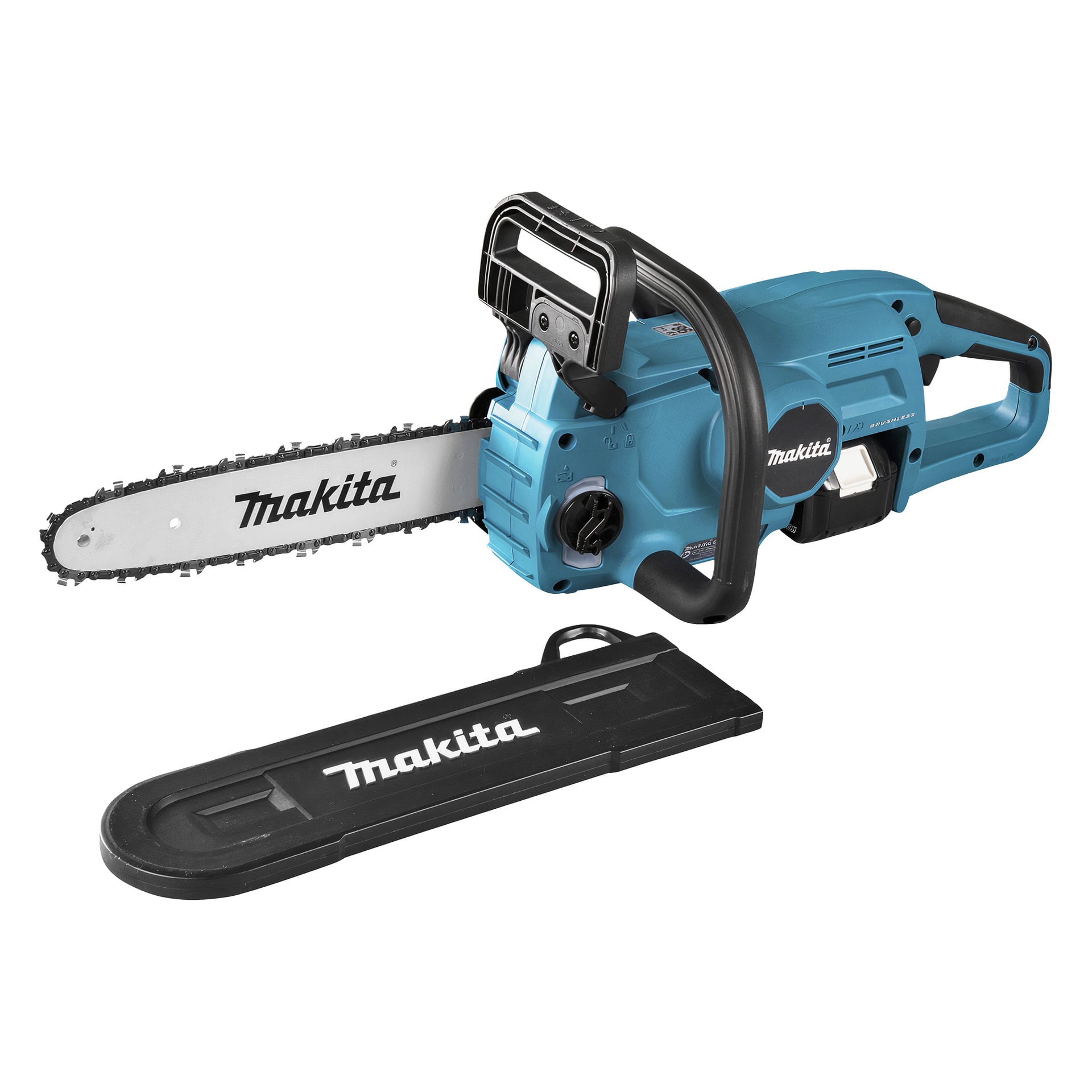 En blå Makita elektrisk motorsåg med ett svart handtag sitter bredvid det matchande svarta bladskyddet, båda märkta Makita.