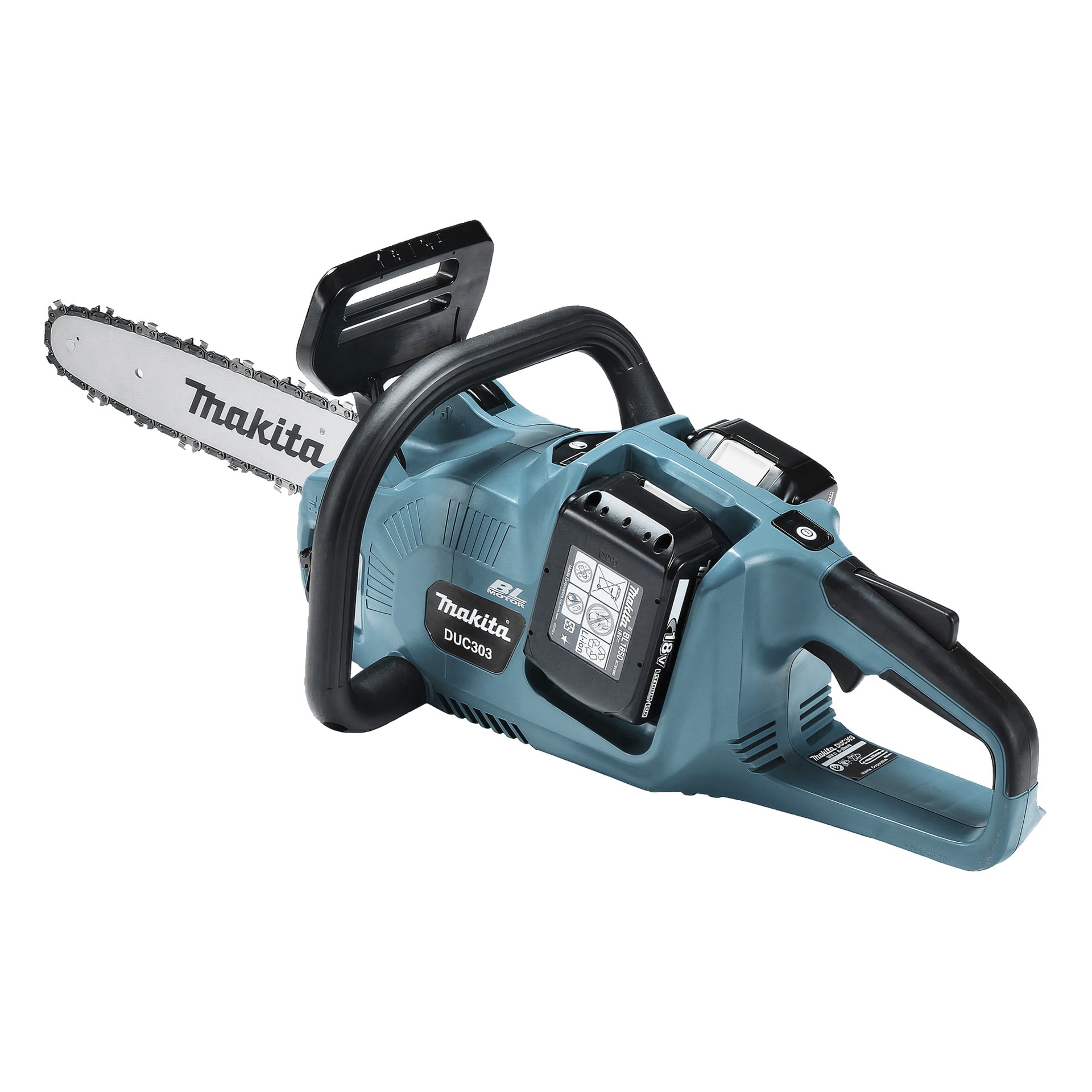 Blå Makita sladdlös motorsåg med svart handtag och skydd, batterifack och Makita-logotyper på blad och kropp.