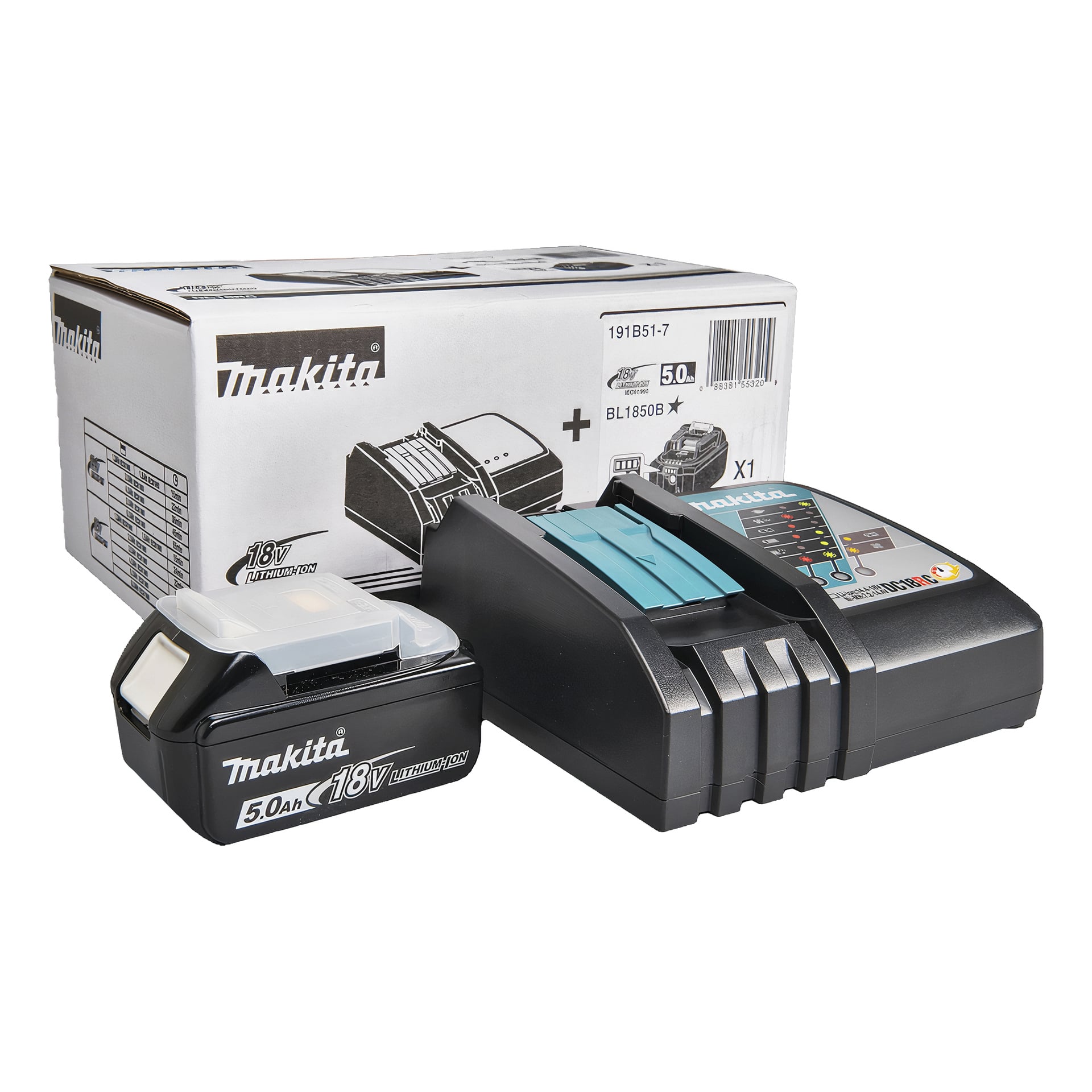 Makita 18V 5.0Ah litiumioniakku, Makita-laturi ja laatikko, jossa on kuvia ja tuotetietoja akusta ja laturista.