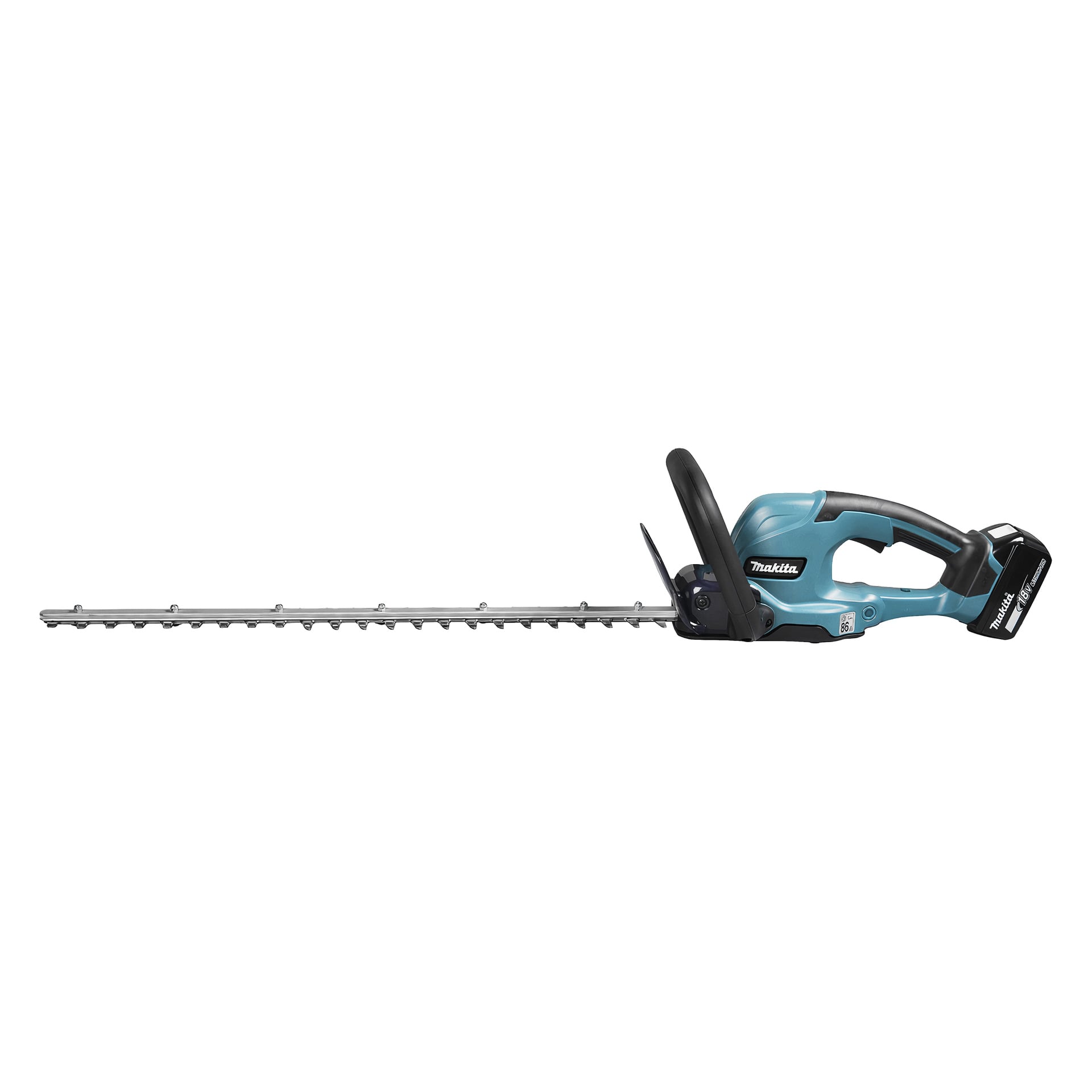 En blå och svart sladdlös häcksax från Makita med ett långt blad och ett batteripaket fäst vid handtaget.