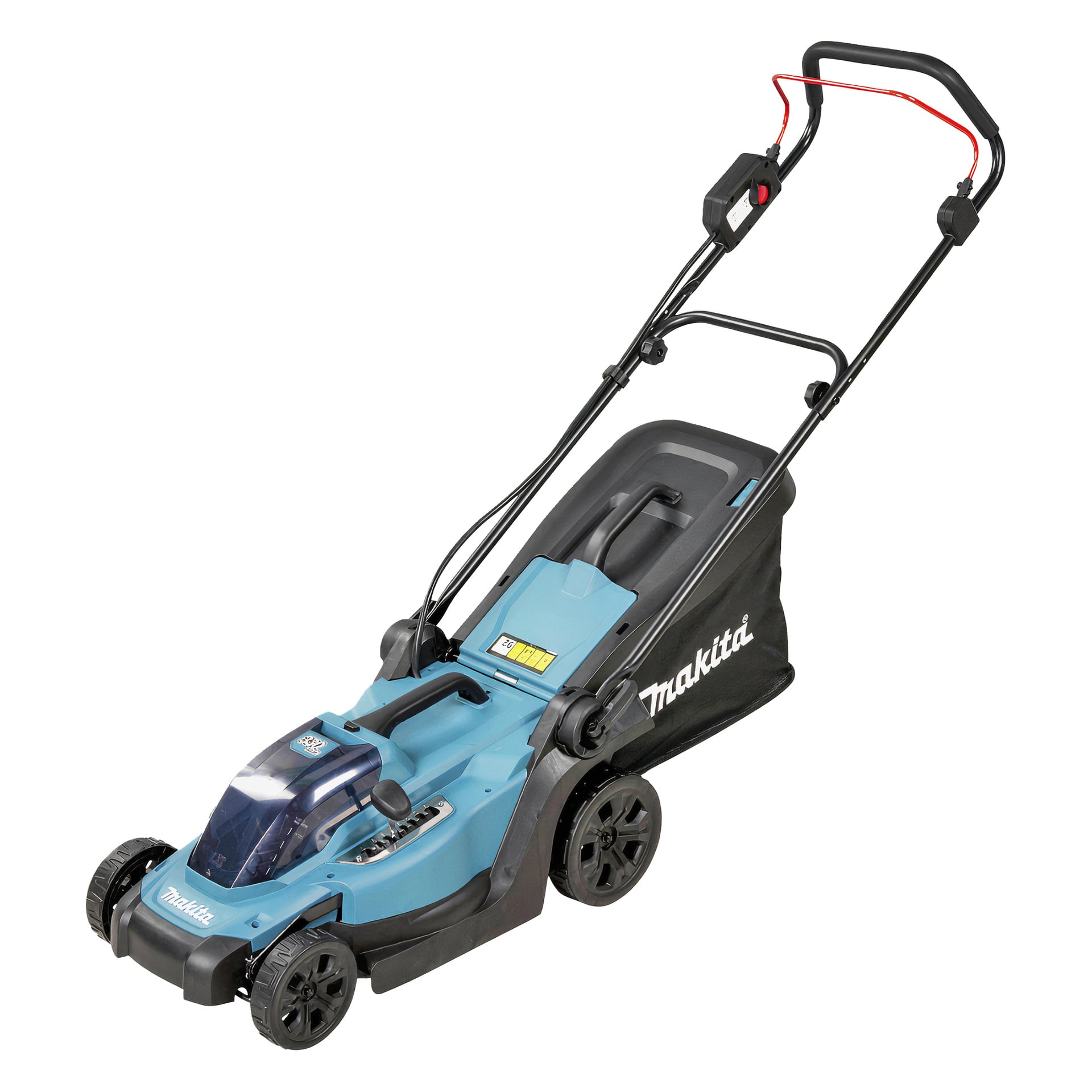 Blå och svart Makita elektrisk gräsklippare med bakre gräspåse och långt handtag, vinklad mot displayhjul och kontrollpanel.