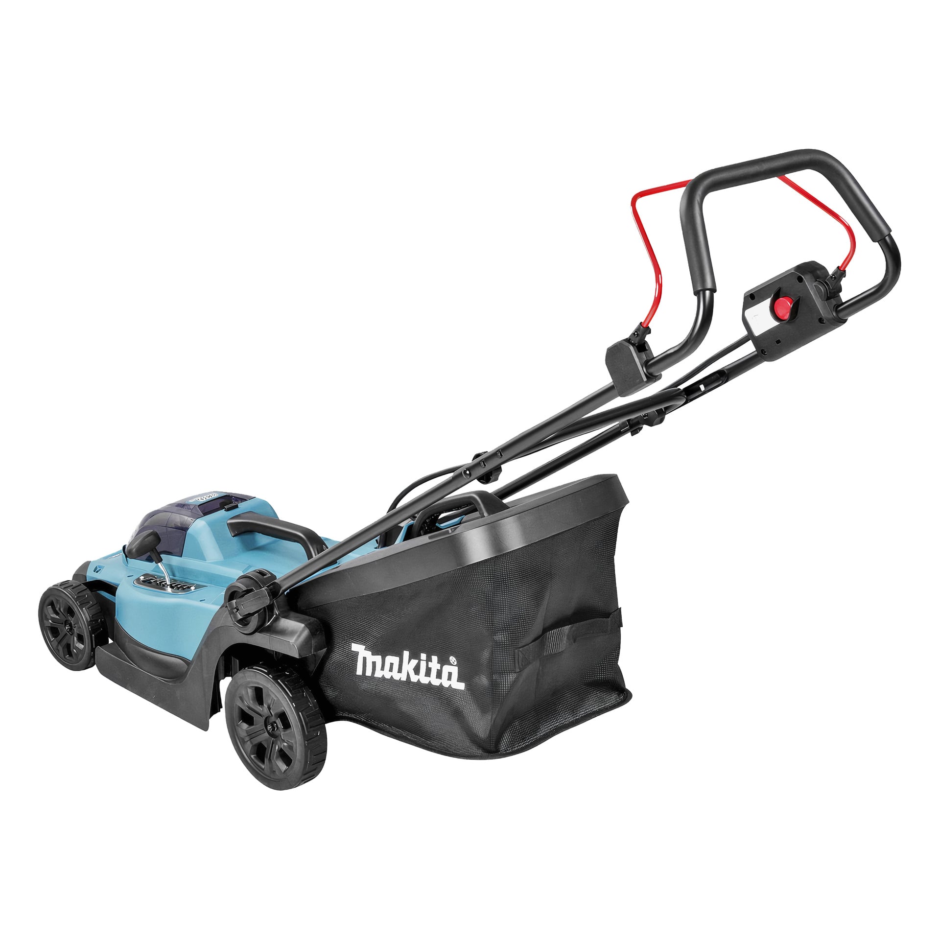 Makita elektrisk gräsklippare i blått och svart, med gräspåse, körhandtag med röda accenter och stora hjul på baksidan.