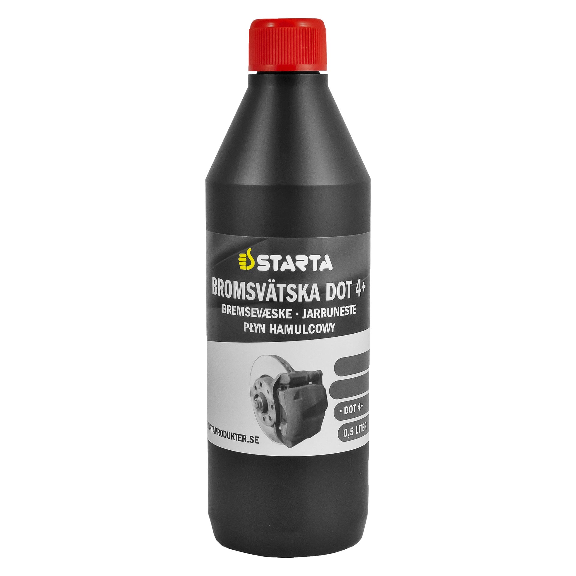 En 0,5-liters svart Starta DOT 4+ bromsvätskeflaska med röd kork. Etiketten visar en bild på en bromsskiva och bromsok, tillsammans med text som beskriver produkten.