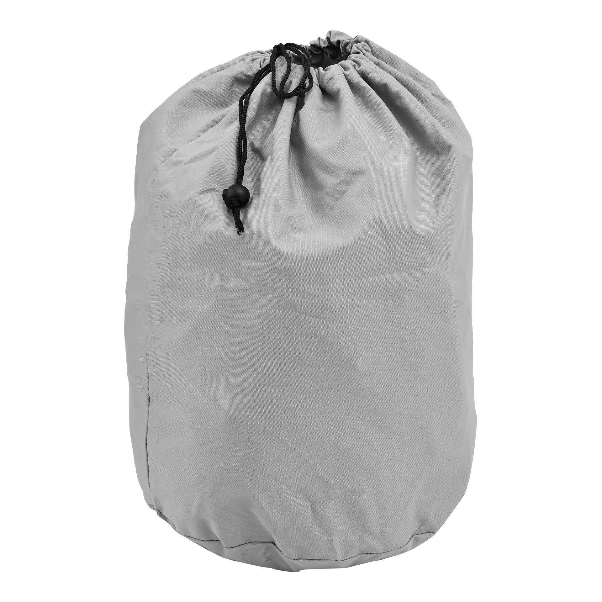 En grå stoffpose med snøring, lukket øverst med en svart ledning og plastbryter, stående oppreist.