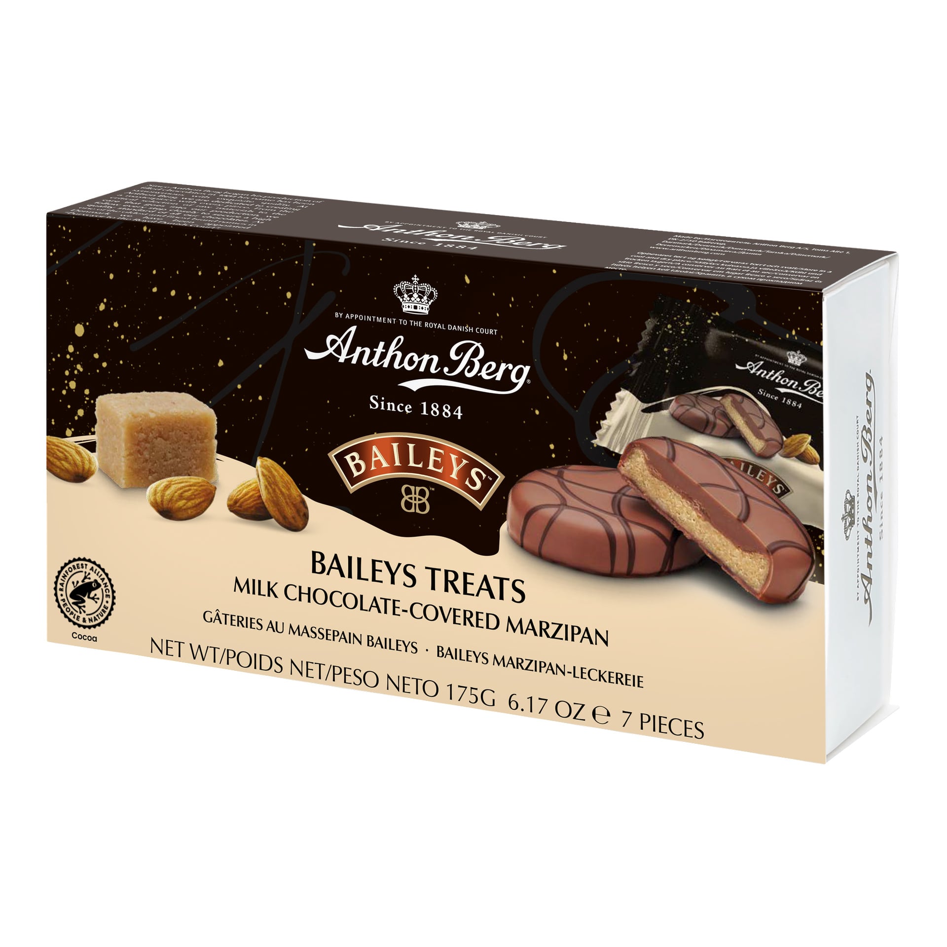 En rektangulär låda med Anthon Berg Baileys Treats visar mjölkchokladöverdragen marsipan, mandel och produktmärkning på förpackningen.