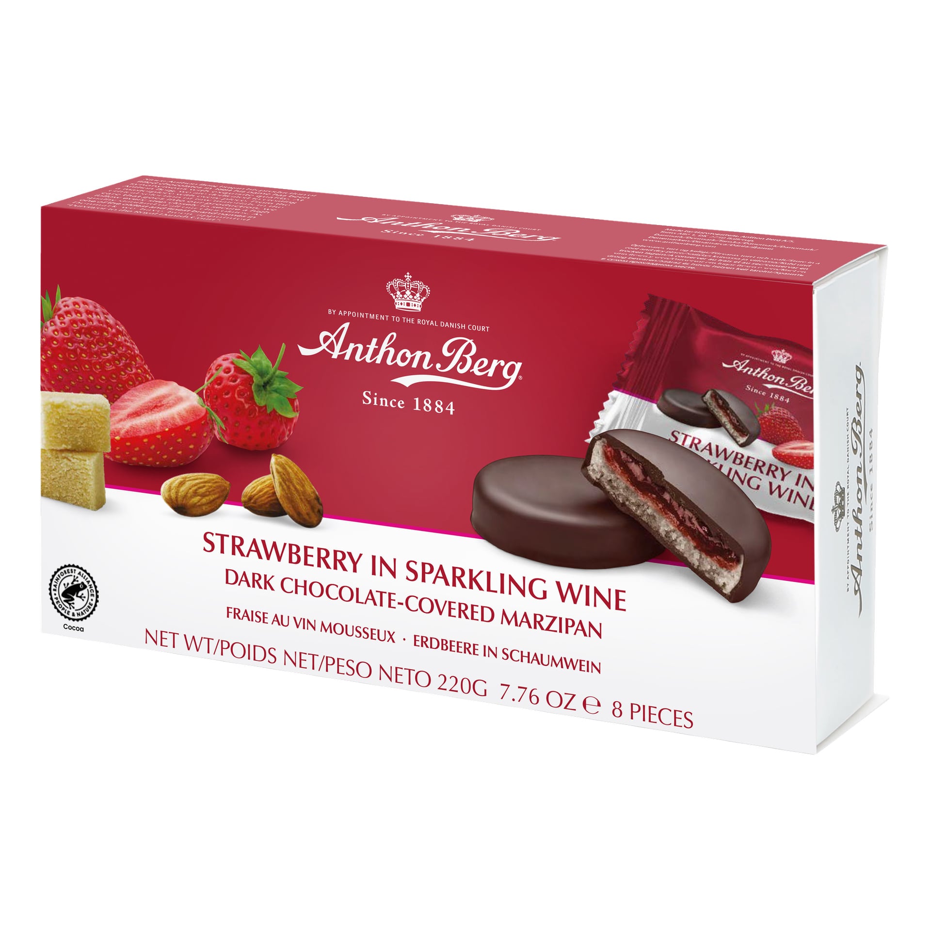 Anthon Berg Strawberry in Sparkling Wine marsipanask i mörk choklad med bilder av jordgubbar, mandlar och åtta stycken inuti.