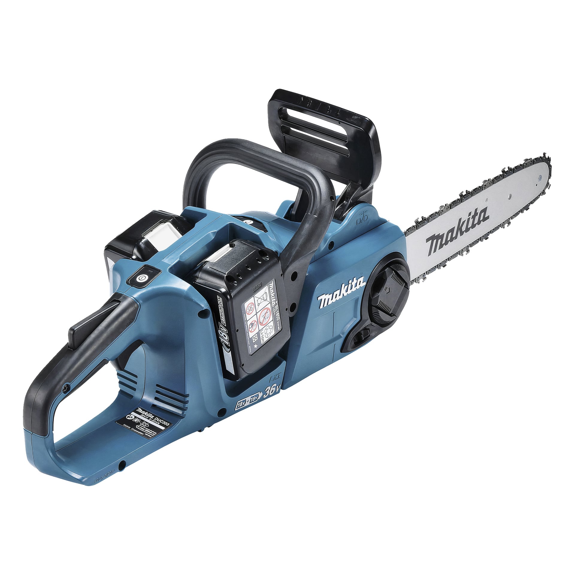 En blå sladdlös motorsåg från Makita med svart handtag, exponerat batterifack, säkerhetsetiketter och Makita-logotyper på stången och kroppen.