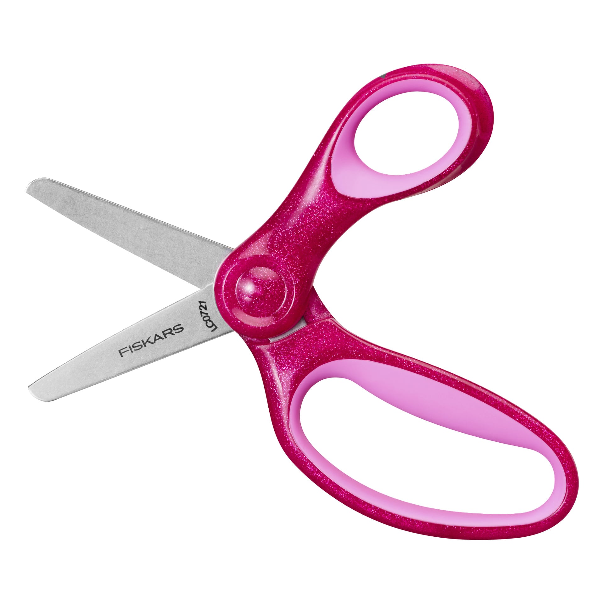 Vernesaks for barn med rosa plasthåndtak og sølvblader, med Fiskars-logo og produktnummer på ett blad.