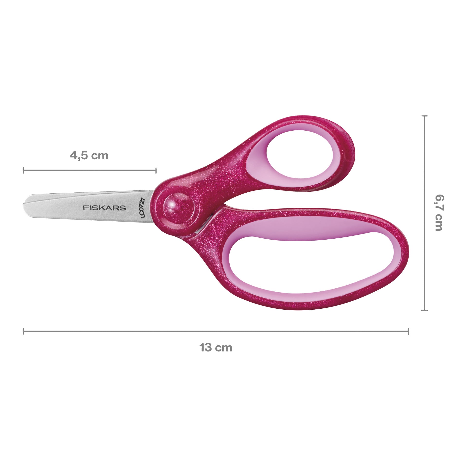 Rosa Fiskars saks, 4,5 cm blad, 13 cm total lengde, ergonomisk håndtak i lys og mellomrosa, vist med målelinjer.