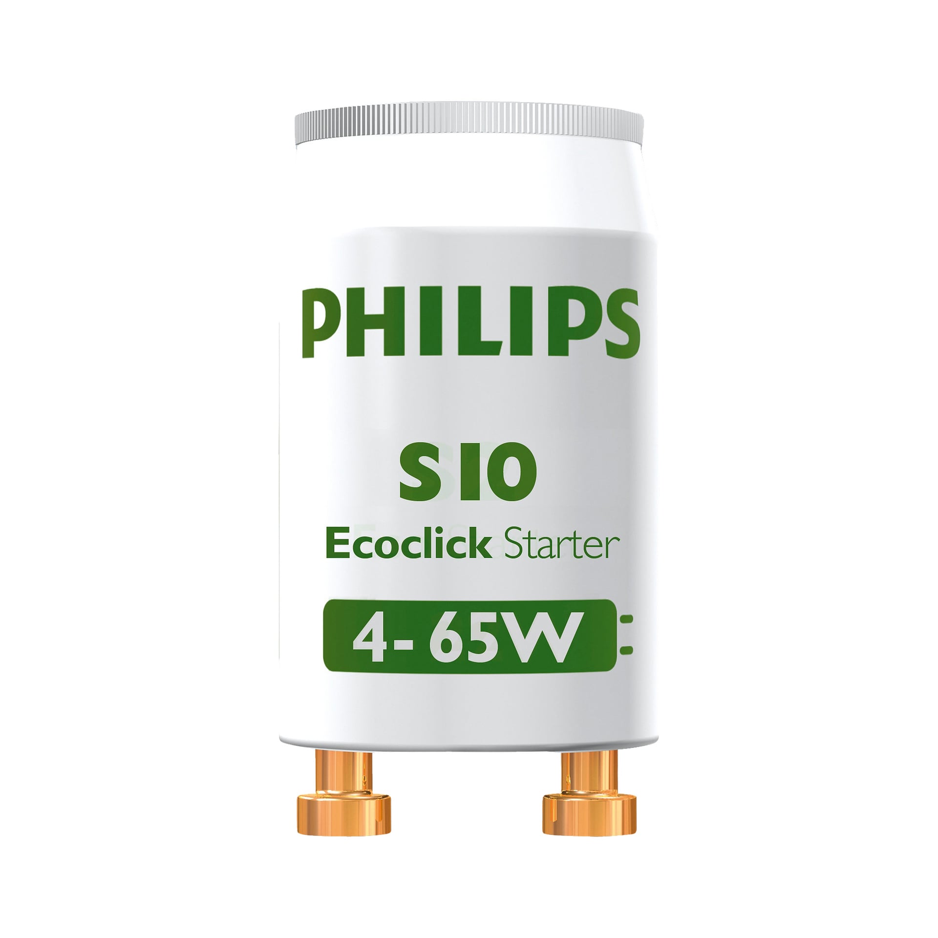 Philips Starter 2-paketet innehåller två cylindriska enheter med metallstift vid basen och grön text framtill, designade för användning med 4-65W lysrör.