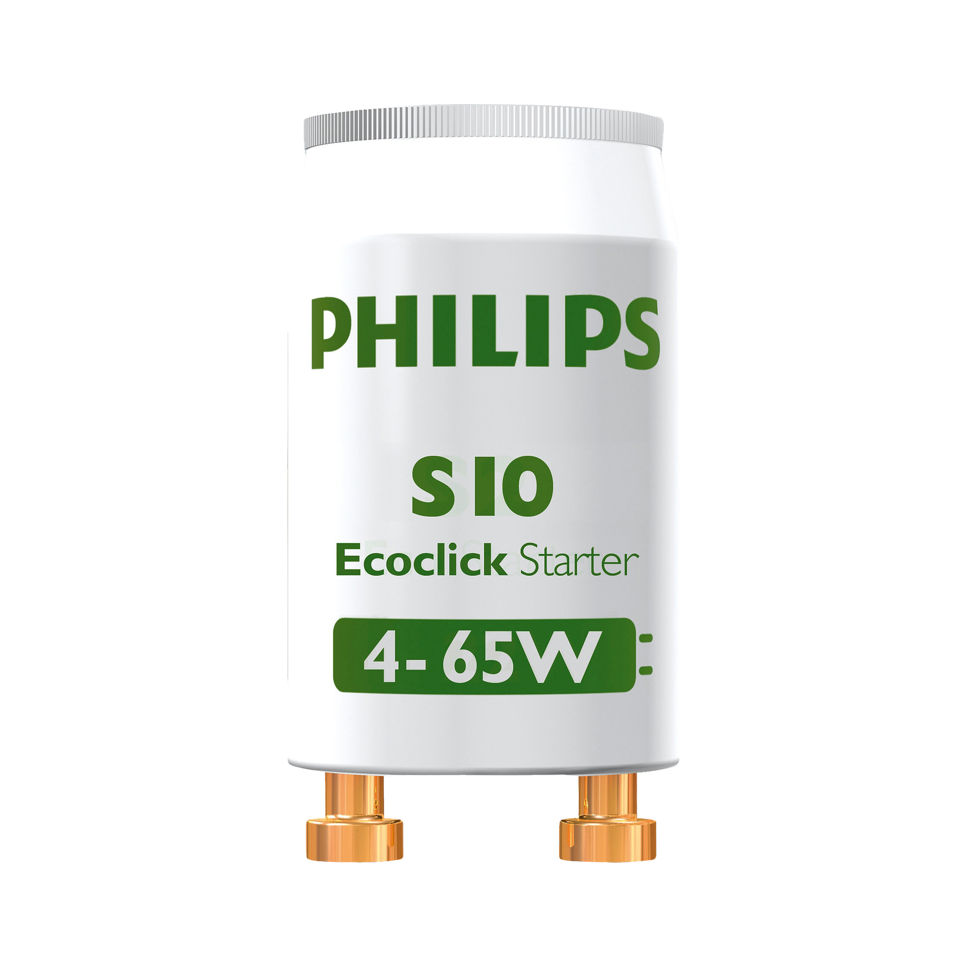 Pakiet Philips Starter 2 zawiera dwa cylindryczne urządzenia z metalowymi bolcami u podstawy i zielonymi literami z przodu, zaprojektowane do pracy z jarzeniówkami 4-65W.