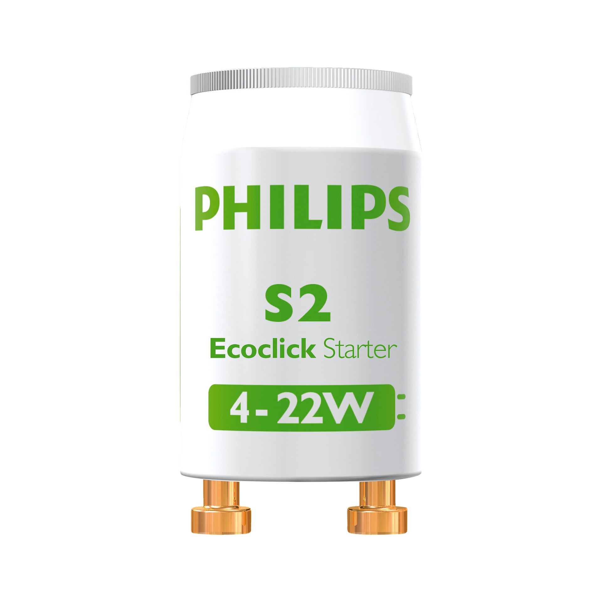 Zestaw Philips Starter 2 z białym korpusem i zielonym napisem jest ustawiony pionowo, z dwoma miedzianymi bolcami u podstawy.