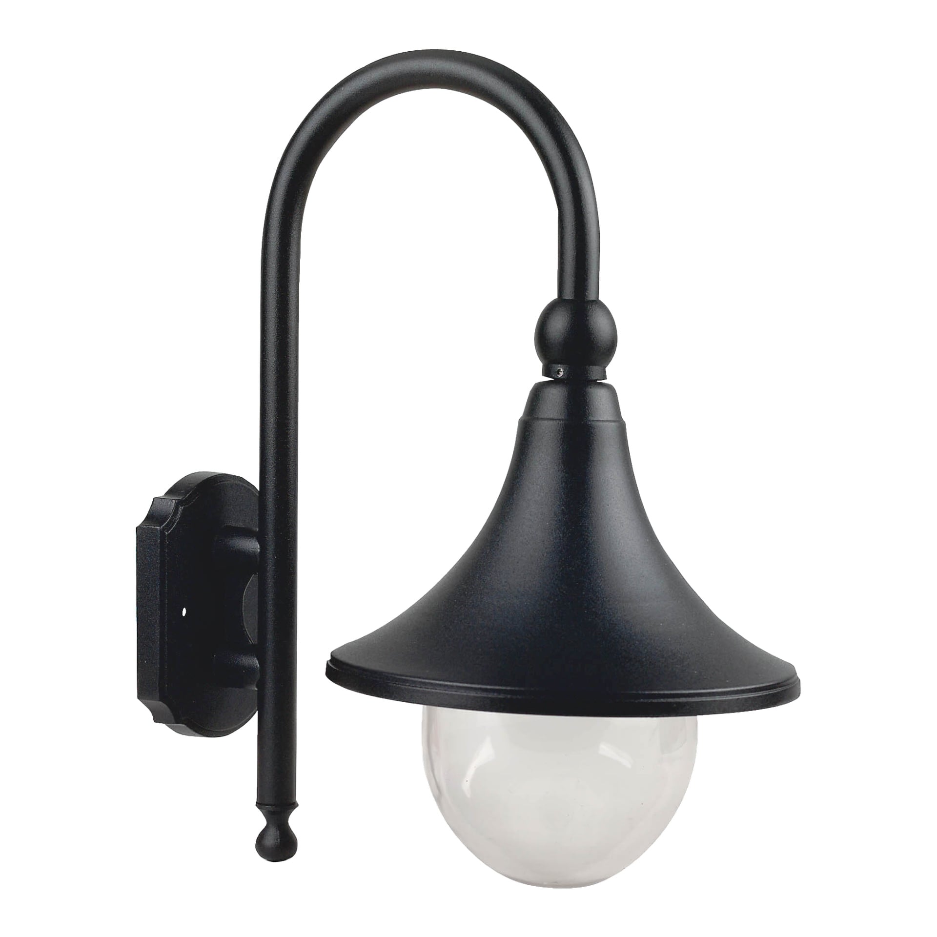 En svart Anslut vägglampa designad för utomhusbruk, med en böjd arm och en kupolformad topp. Den klara glaskulans skugga hänger ner från armstödet, och armaturen fästs vid väggen via en rektangulär monteringsplatta.