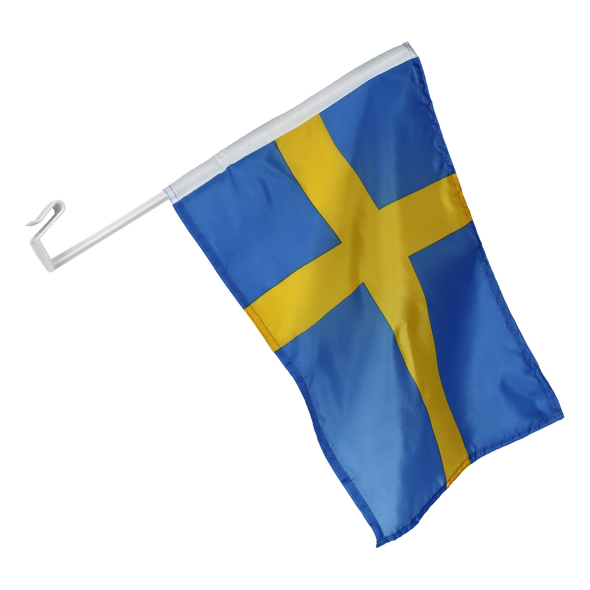 En blå flagga med ett gult skandinaviskt kors på en vit plaststång med en krok, som symboliserar den svenska flaggan.