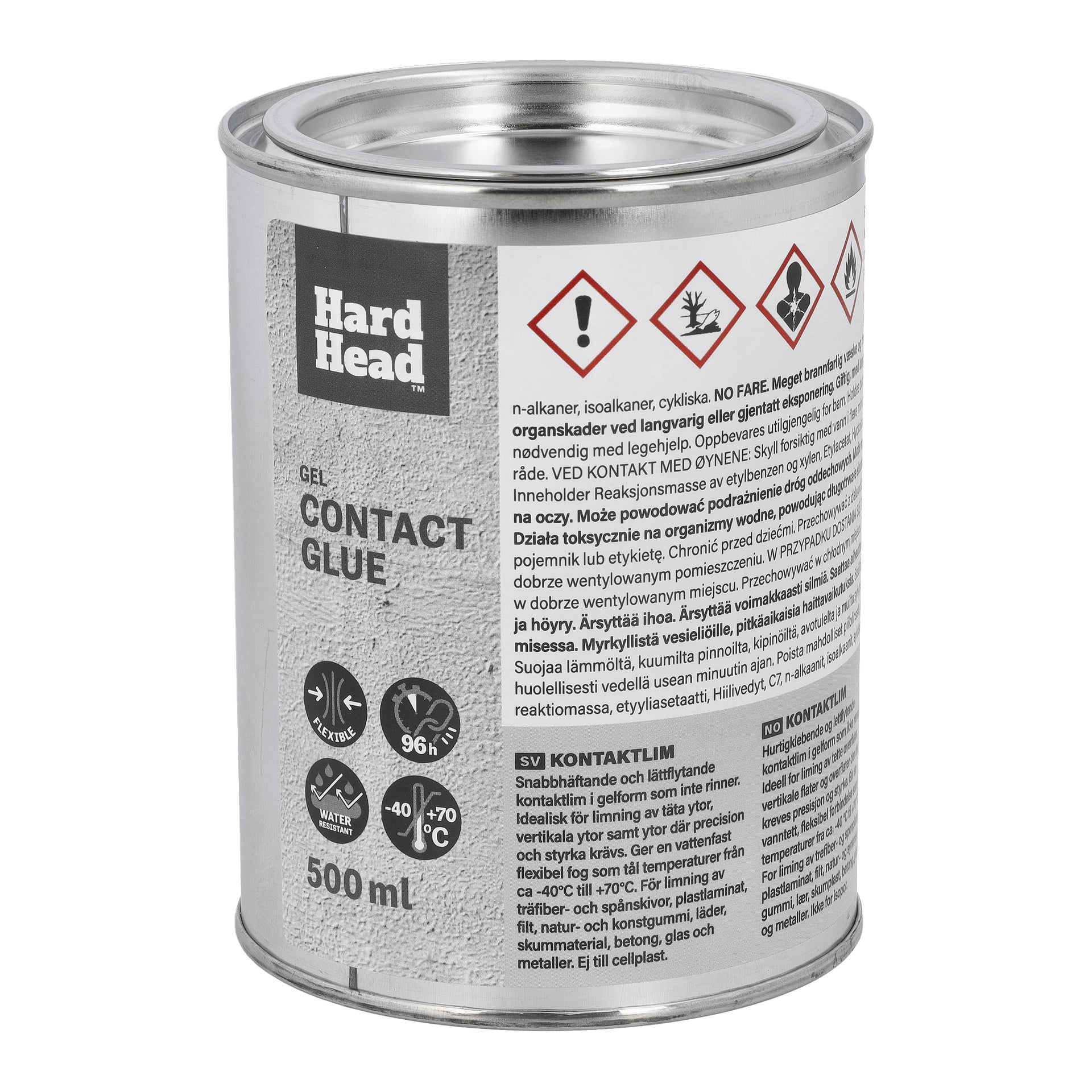 En 500 ml Hard Head Gel Contact Limburk med farosymboler, ikoner för vattentålighet, 96-timmars härdning och -40 °C till +70 °C.