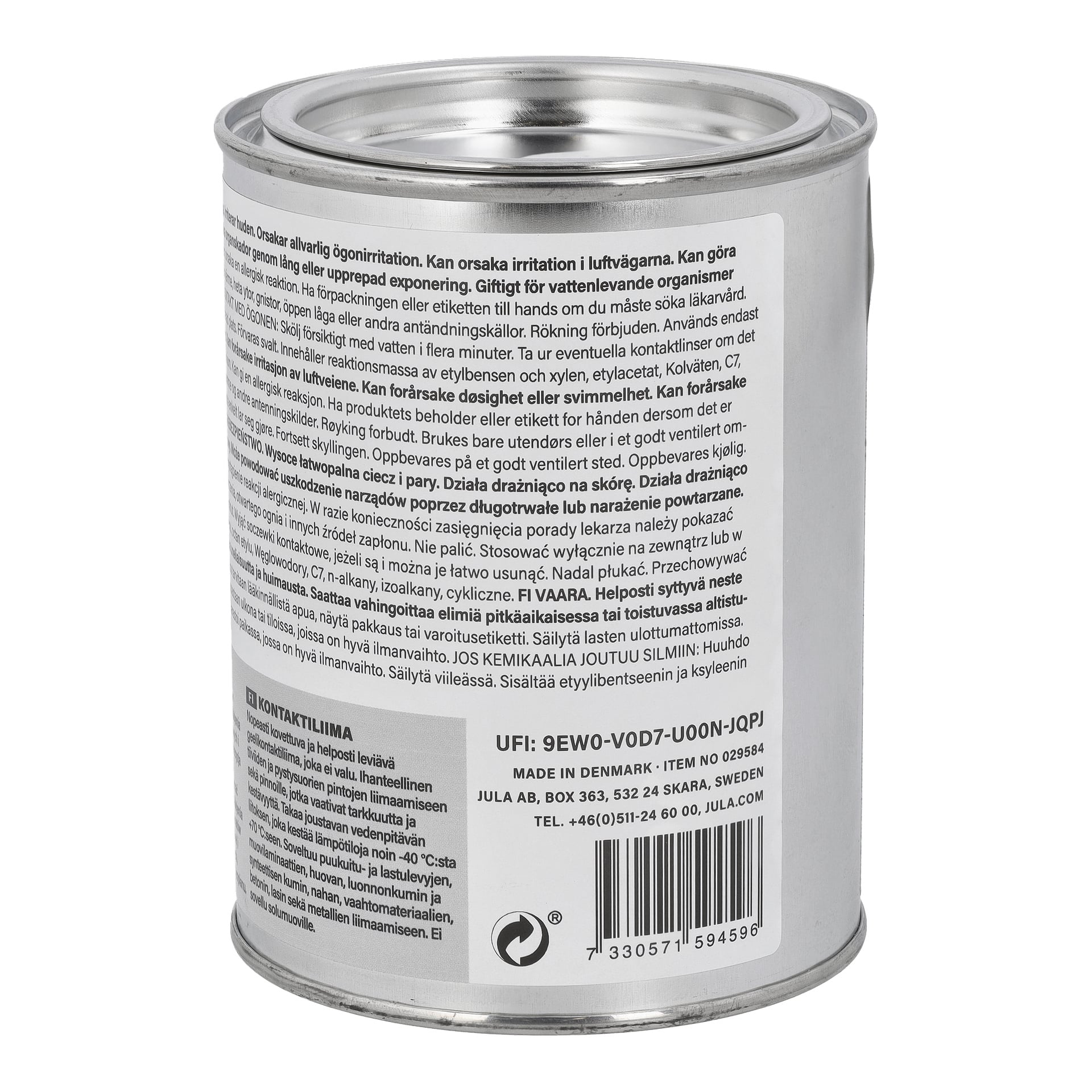 En silverfärgad metallburk med en vit etikett med text, en streckkod, instruktioner, varningar och tillverkarinformation; locket är stängt.