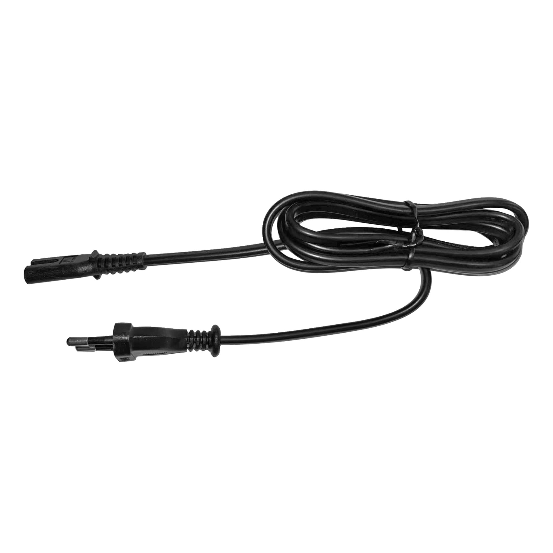 Spiralad svart strömkabel med kontakt i ena änden och en C7-kontakt i den andra, för användning med kompatibla apparater.