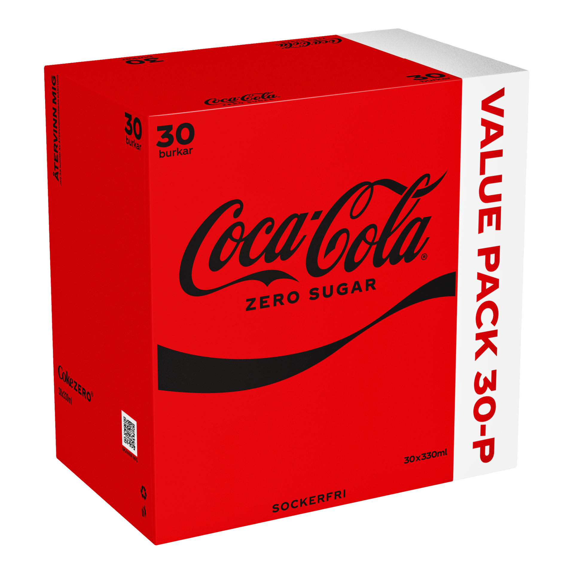 Röd Coca-Cola Zero Sugar-låda med svart text, märkt värdeförpackning med 30 x 330 ml burkar; SOCKERFRI och 30 burkar i fetstil.