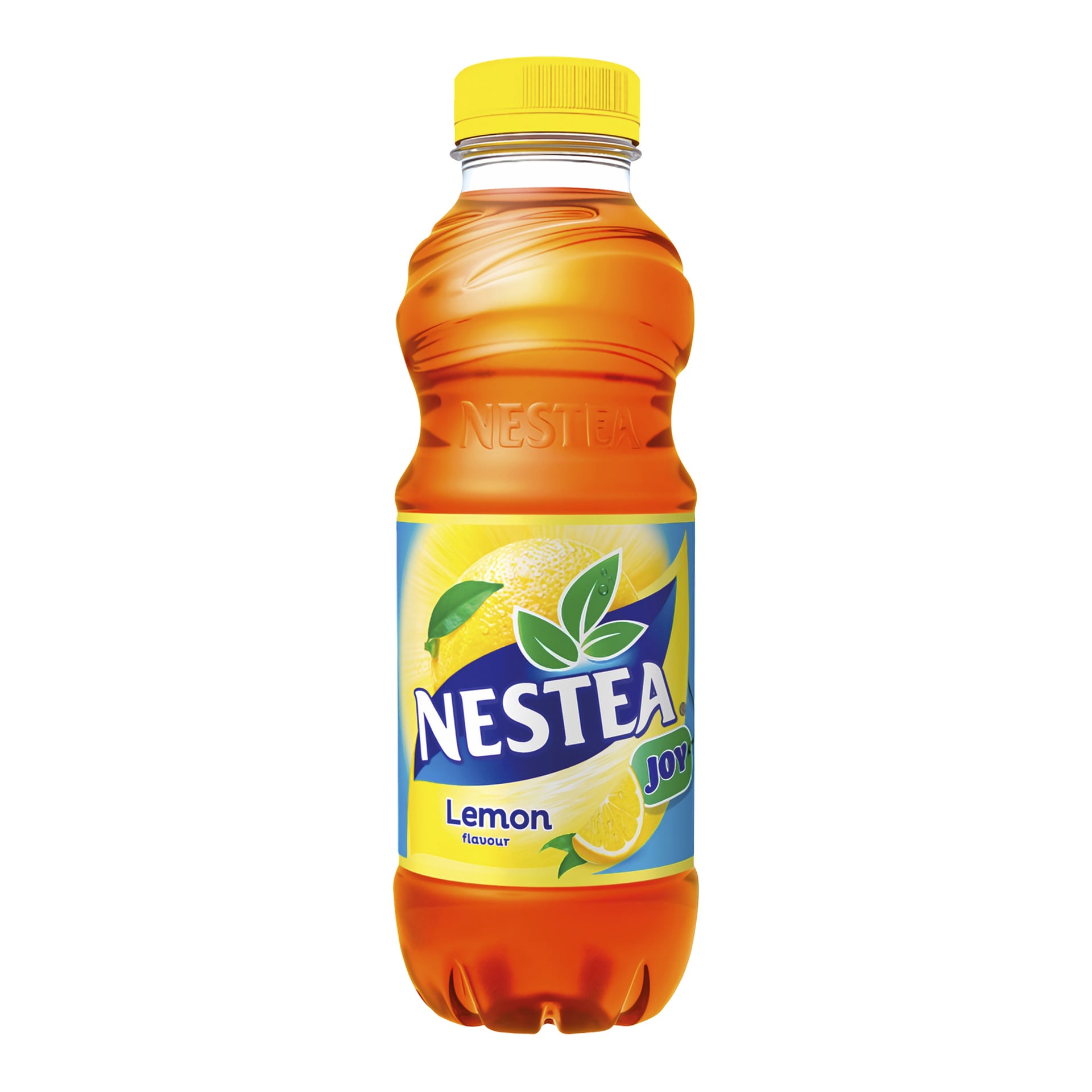 Plastikowa butelka Nestea z żółtą nakrętką, na której widnieje logo, obraz cytryny i słowo Joy na etykiecie.
