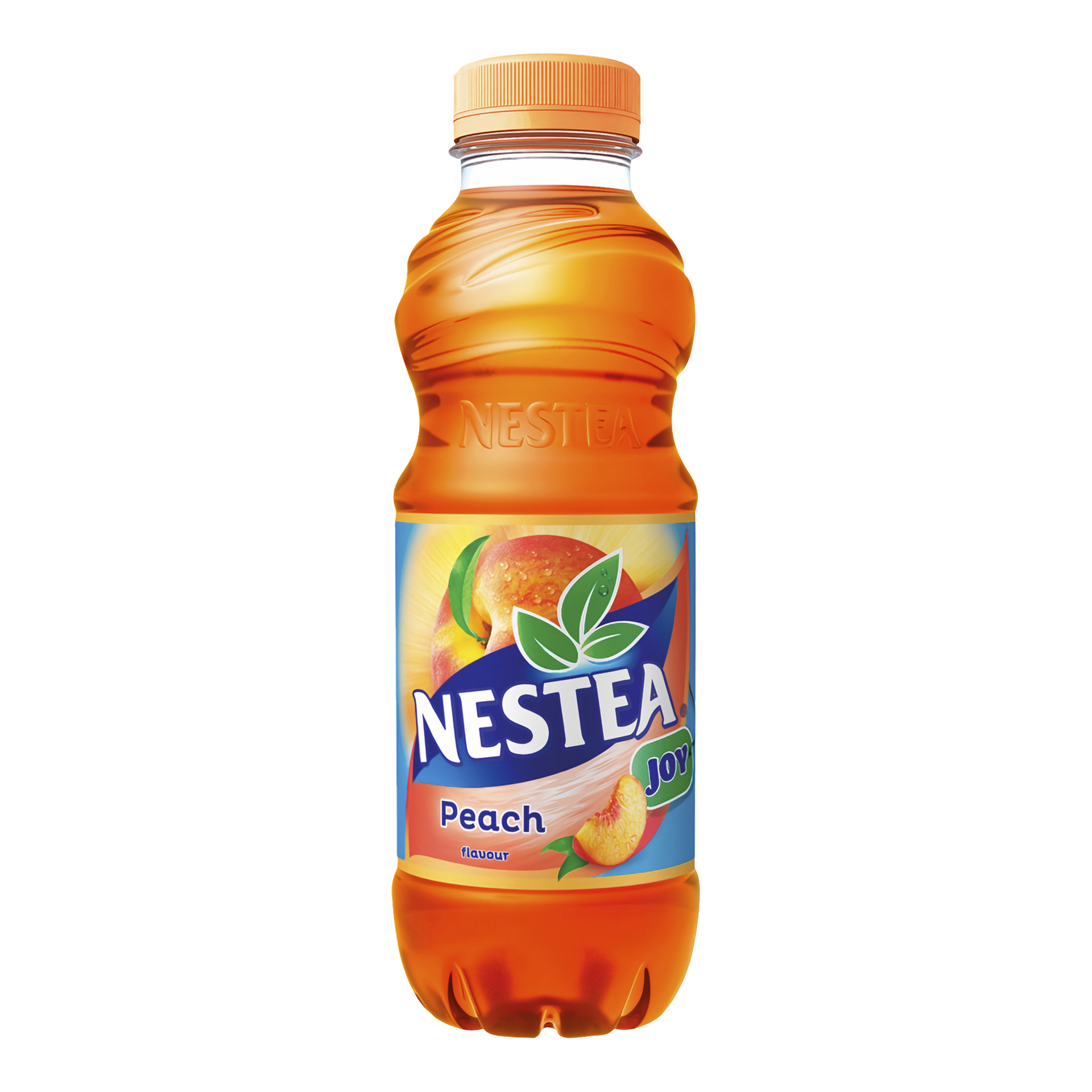 Plastikowa butelka mrożonej herbaty Nestea Peach, pomarańczowa nakrętka, etykieta z brzoskwiniami i logo Nestea.