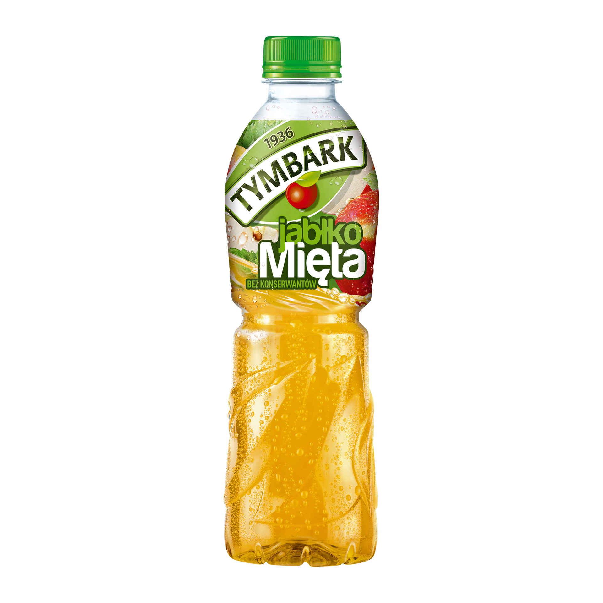 Przezroczysta plastikowa butelka na napój jabłkowo-miętowy Tymbark z zieloną nakrętką, etykietą z grafiką jabłka i mięty oraz widoczną kondensacją.