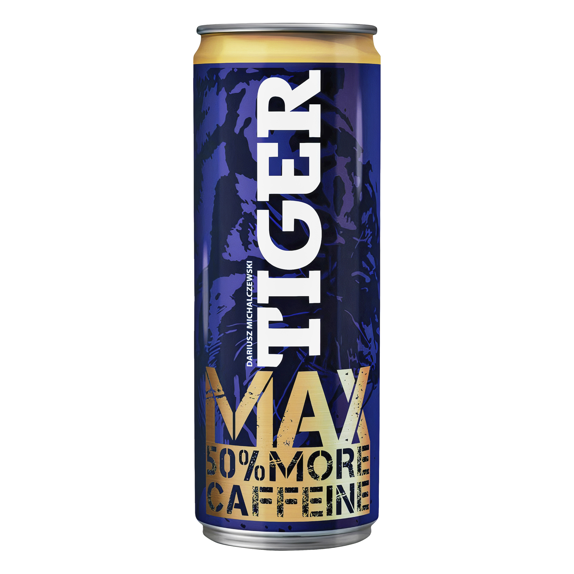 Wysoka niebieska puszka napoju energetycznego Tiger Max z odważnymi biało-złotymi TIGER MAX, 50% MORE CAFFEINE i Dariuszem Michalczewskim w pionie.