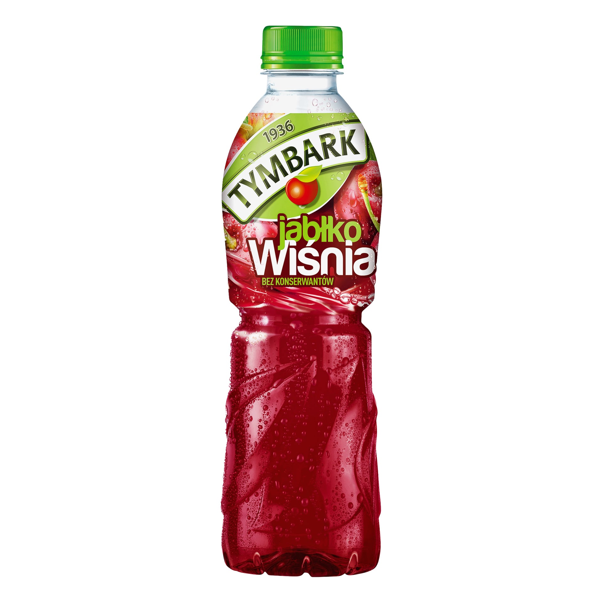 Na plastikowej butelce Tymbark z sokiem z czerwonego jabłka i wiśni, na zielonej nakrętki widnieje napis jabłka, wiśnie i widnieje napis jabłko wiśnia bez konserwantów.