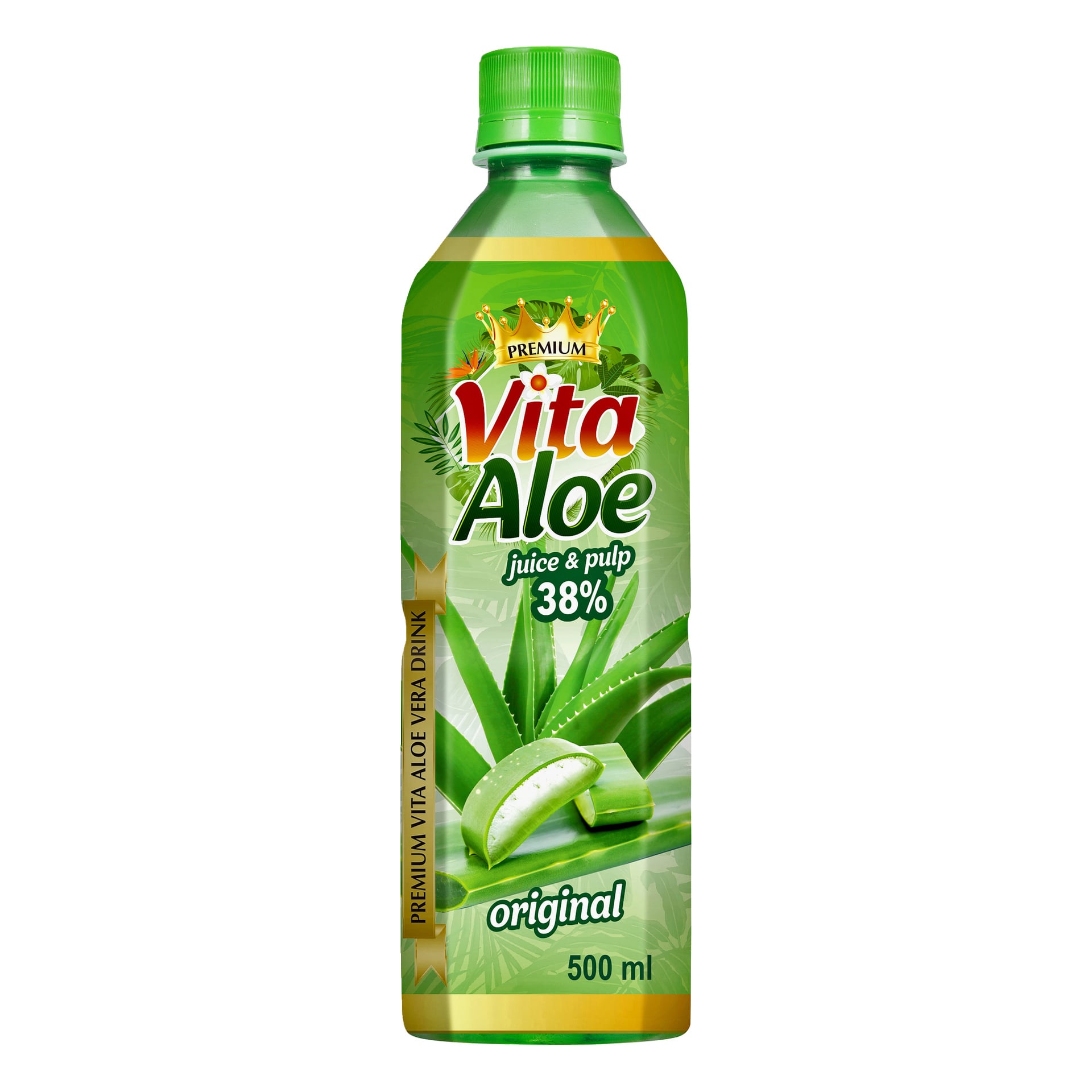 Zielona butelka na sok Vita Aloe Original o pojemności 500 ml z 38% aloesu, ilustracjami liści aloesu i złotym banerem premium na etykiecie.