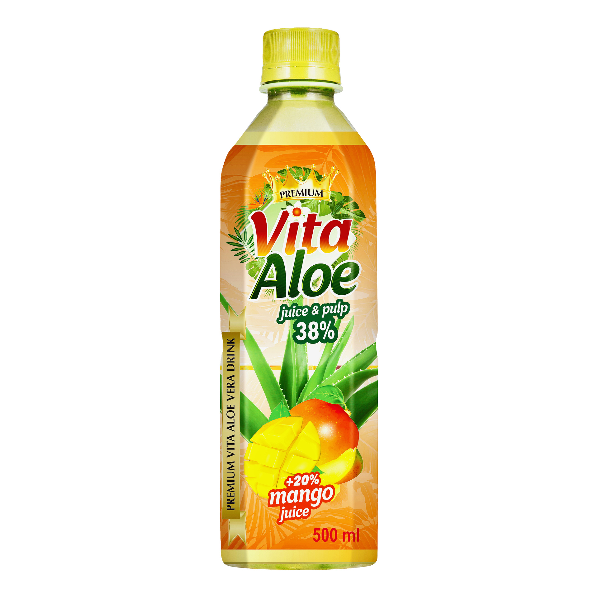 Butelka na 500 ml soku i miąższu Vita Aloes, z 38% sokiem z aloesu i 20% sokiem z mango. Pomarańczowo-zielona etykieta przedstawia liście aloesu i mango.
