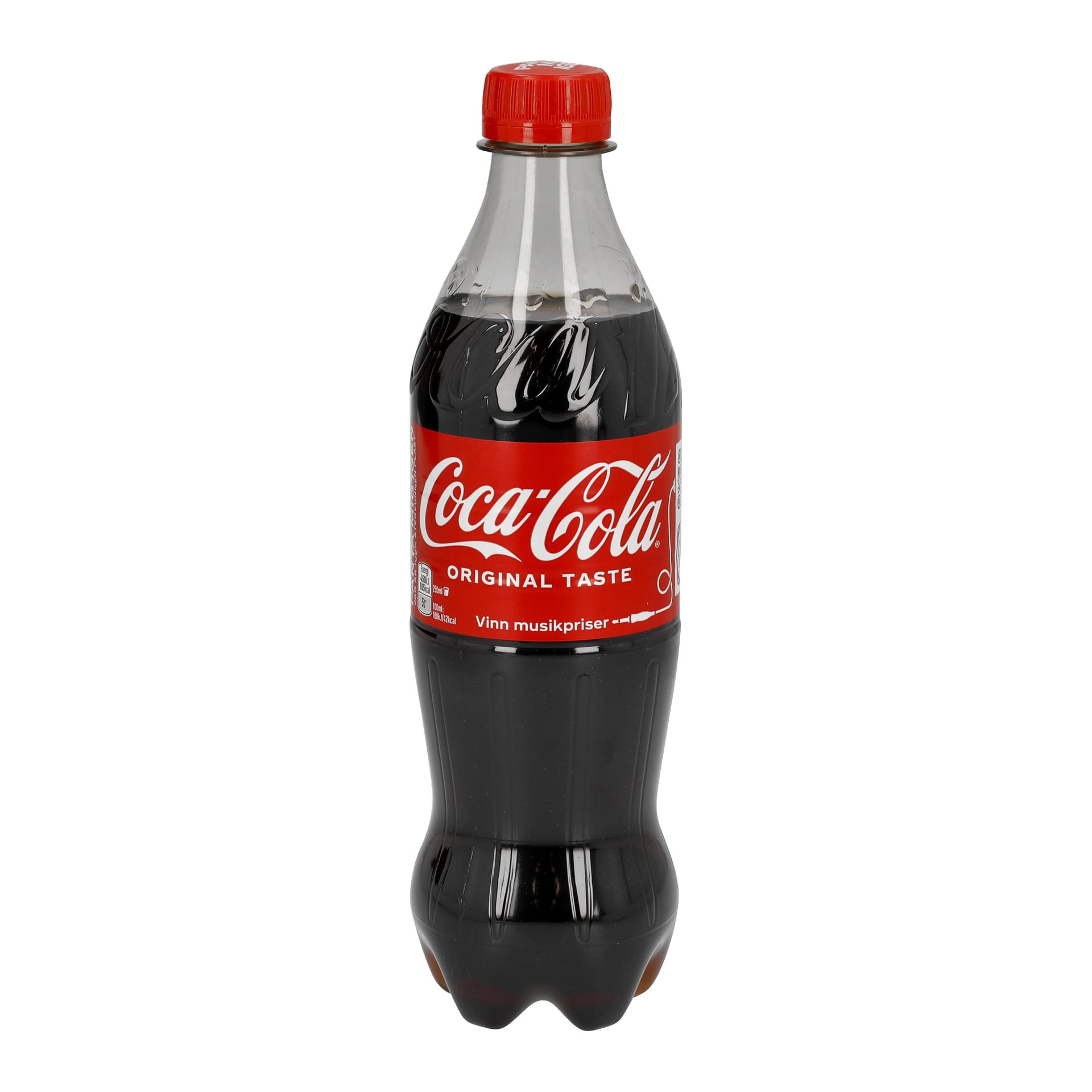 Plastikowa butelka Coca-Cola Original Taste o pojemności 500 ml z czerwoną etykietą i dopasowaną czerwoną nakrętką, stojąca pionowo.