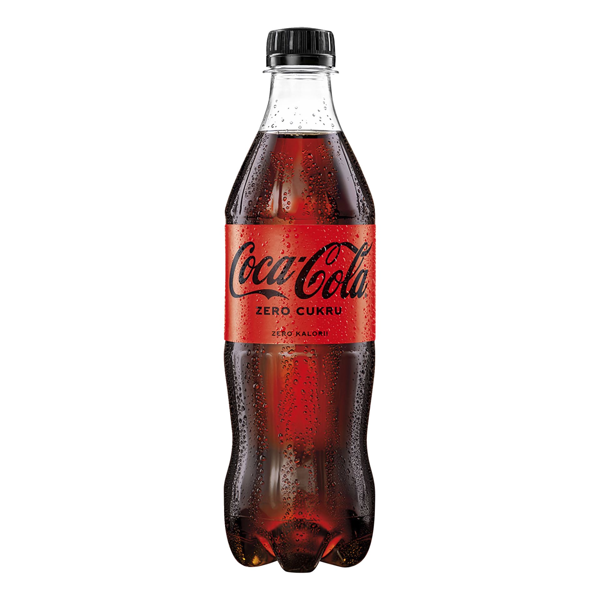 Plastikowa butelka Coca-Cola Zero Sugar z kondensacją. Na czerwonej etykiecie znajduje się logo i tekst Zero Cukru, Zero Kalori oraz czapka.
