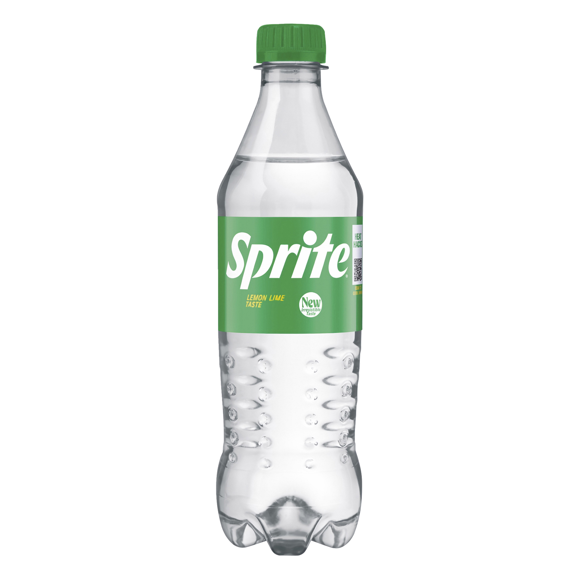 Przezroczysta butelka Sprite z zieloną etykietą i nakrętką, z logo "Lemon Lime Taste", "New Recipe" i wypełniona gazowanym płynem.