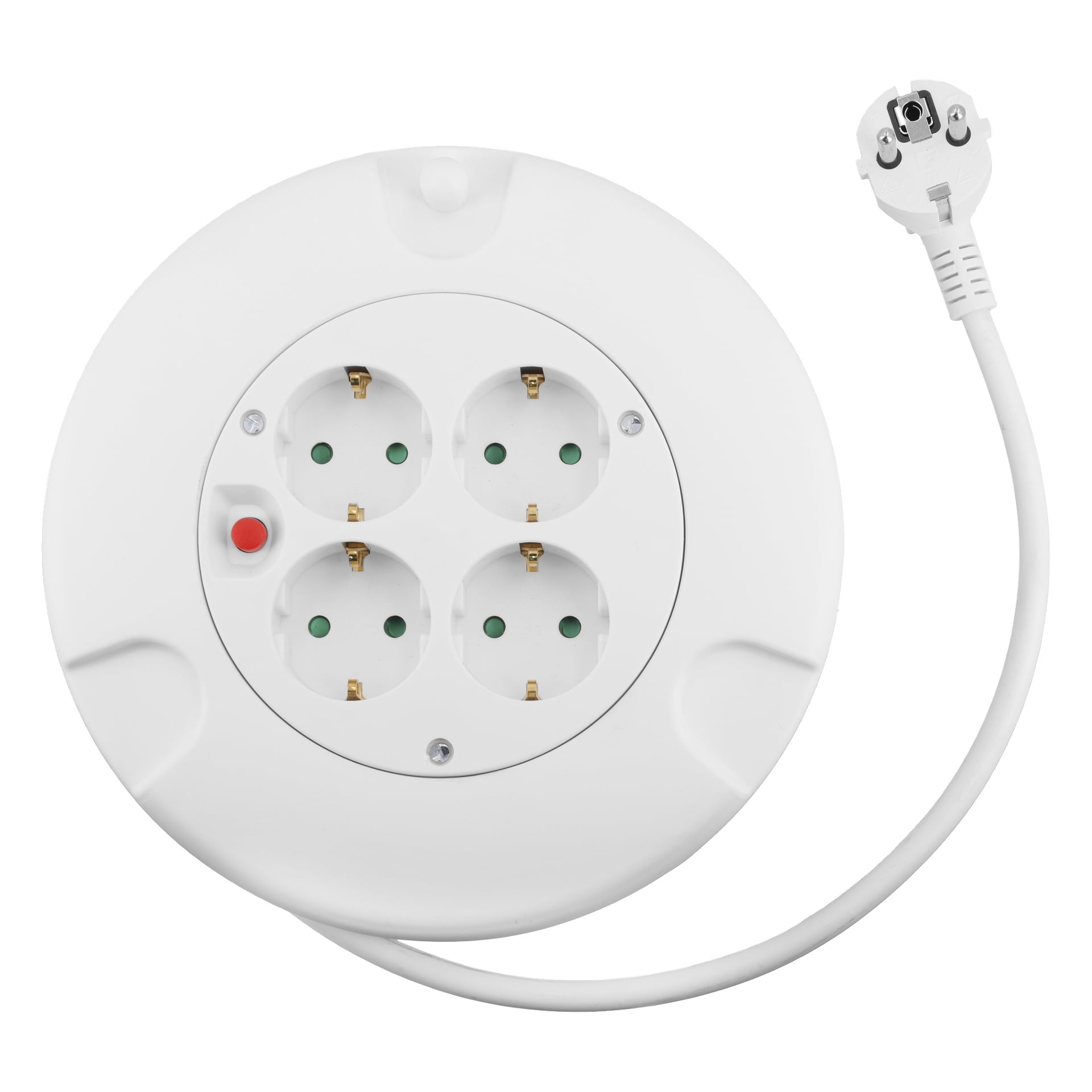 En minimalistisk hvit rund grenskinne med fire uttak, en rød strømknapp og en integrert ledning med støpsel.