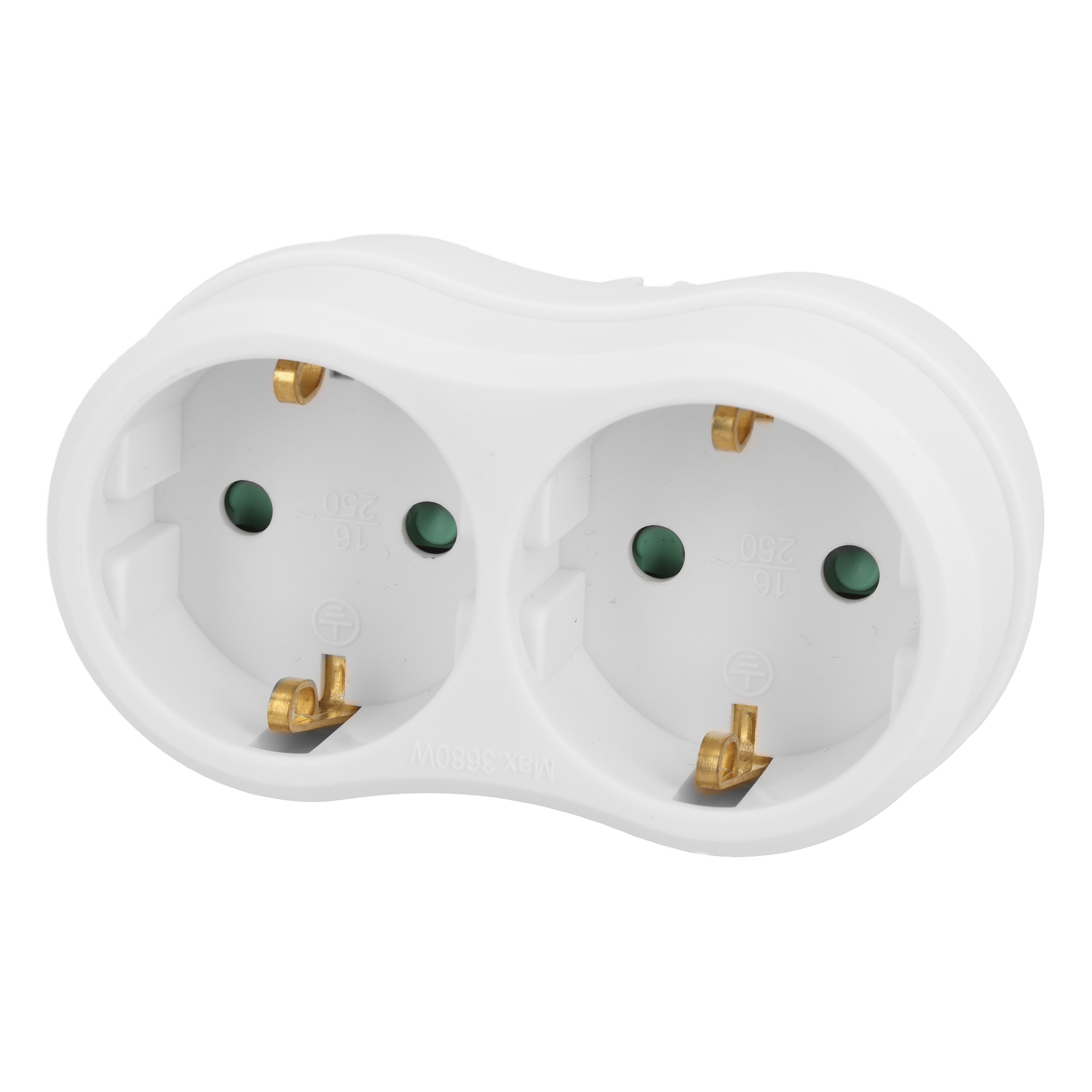En dobbel europeisk stikkontaktadapter med to runde uttak og messingkontakter, egnet for standard europeiske plugger.