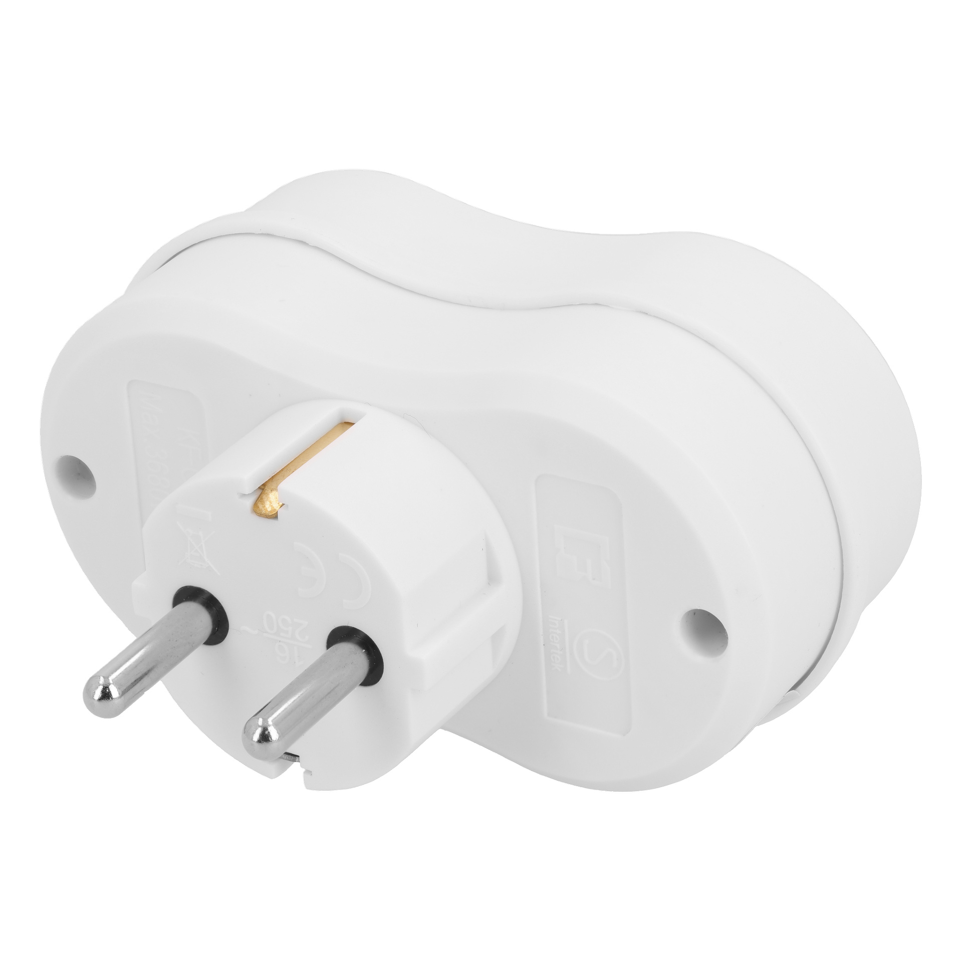 Et nærbilde av en hvit europeisk pluggadapter med to runde stifter og en rektangulær form, med pregede symboler og markeringer.