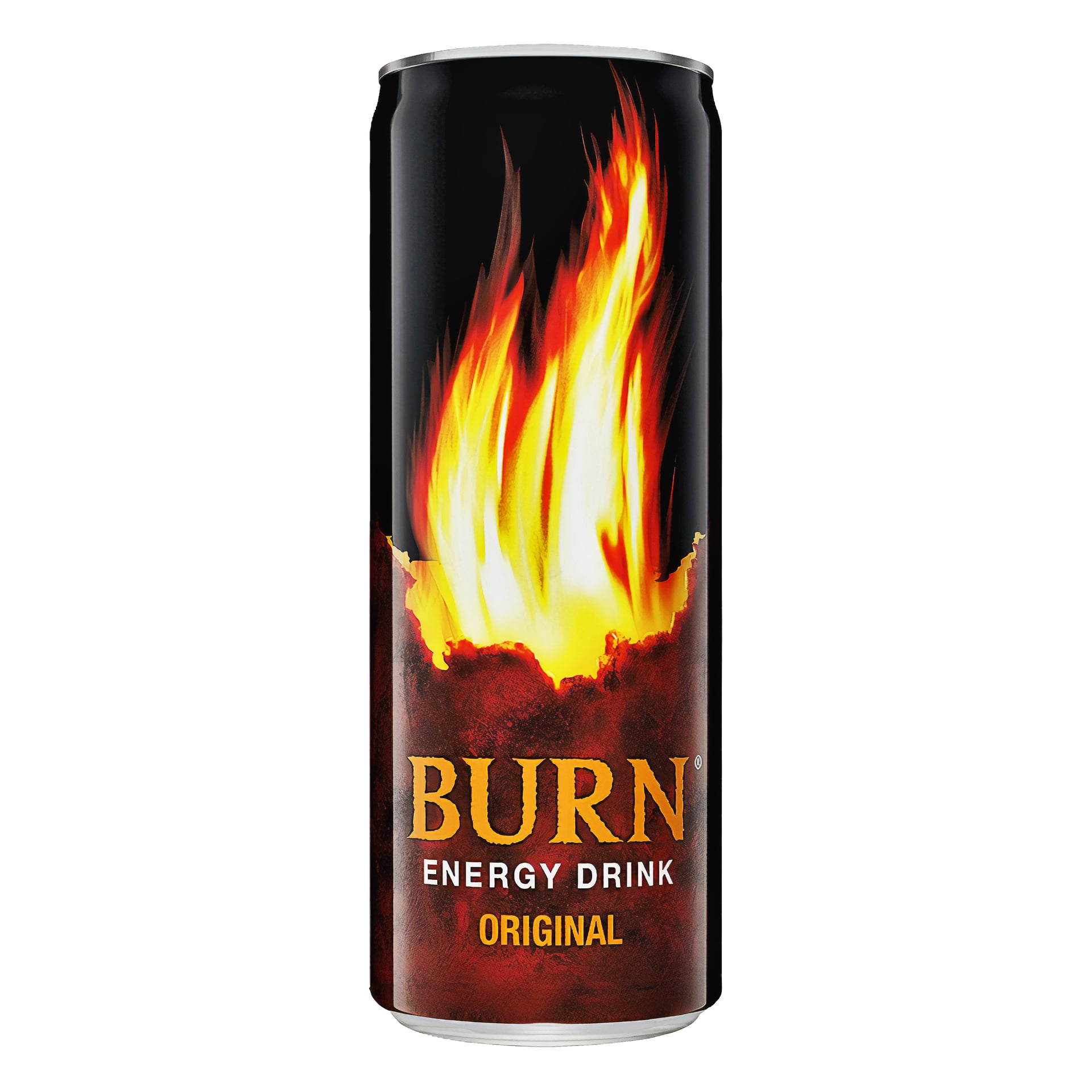 Wysoka puszka Burn Energy Drink Original z żółto-pomarańczową grafiką płomienia na ciemnym tle; Wyświetlany pogrubiony tekst marki i produktu.