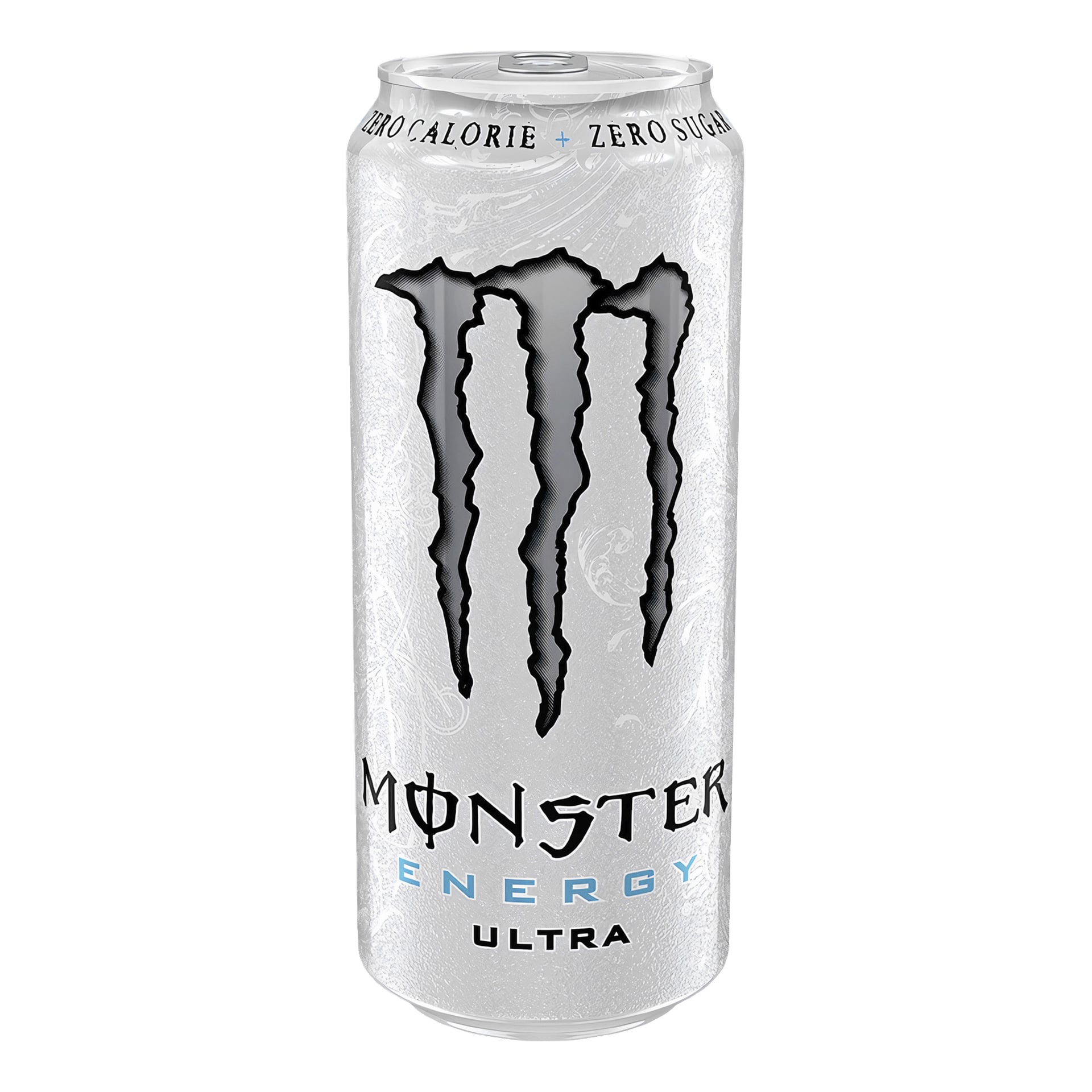 Biała puszka Monster Energy Ultra z czarnym logo pazurów, niebiesko-czarnym tekstem i napisem "Zero kalorii + zero cukru" na górze.