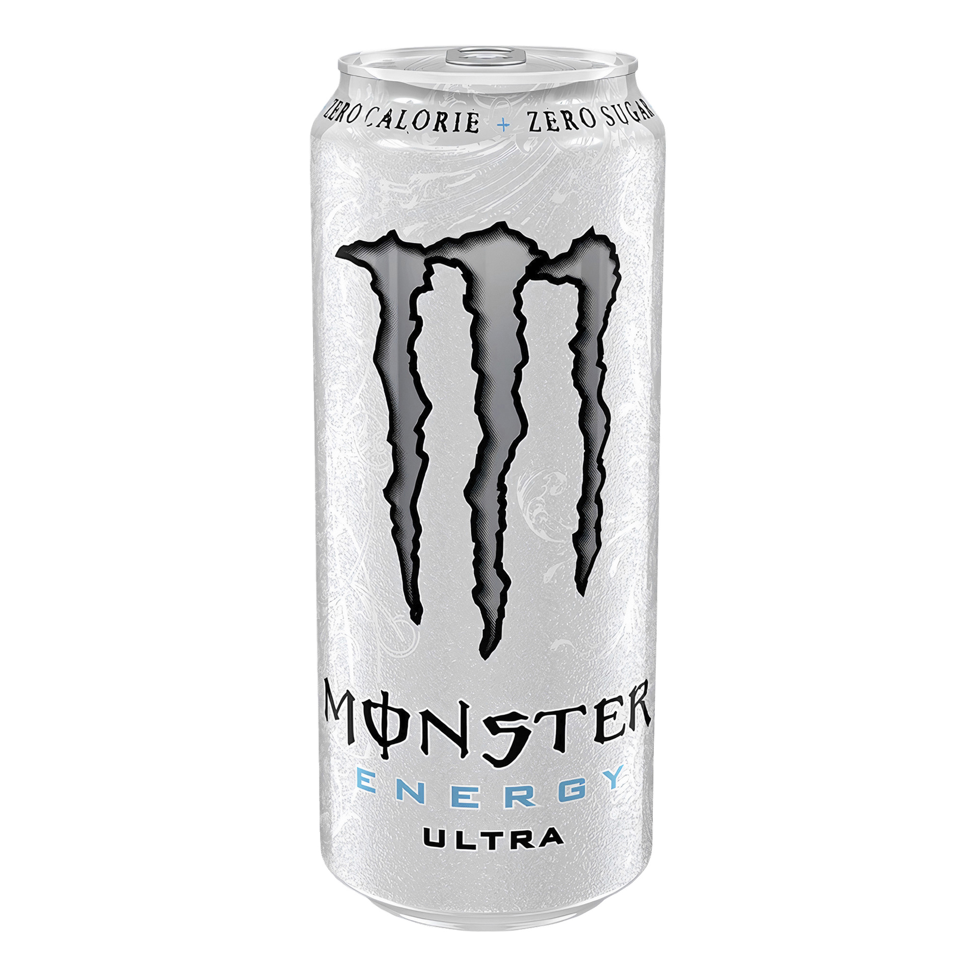 Biała puszka Monster Energy Ultra z czarnym logo pazurów, niebiesko-czarnym tekstem i napisem "Zero kalorii + zero cukru" na górze.