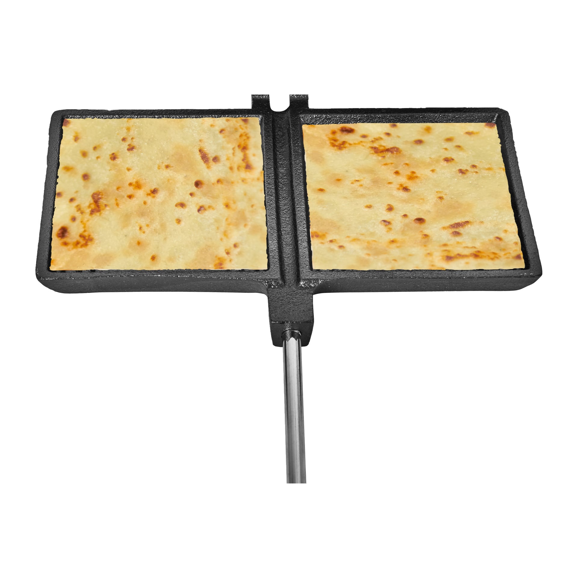 Närbild av en smörgåspress i metall med två fyrkantiga slitsar, var och en med rostat bröd, och ett långt handtag som pekar nedåt.