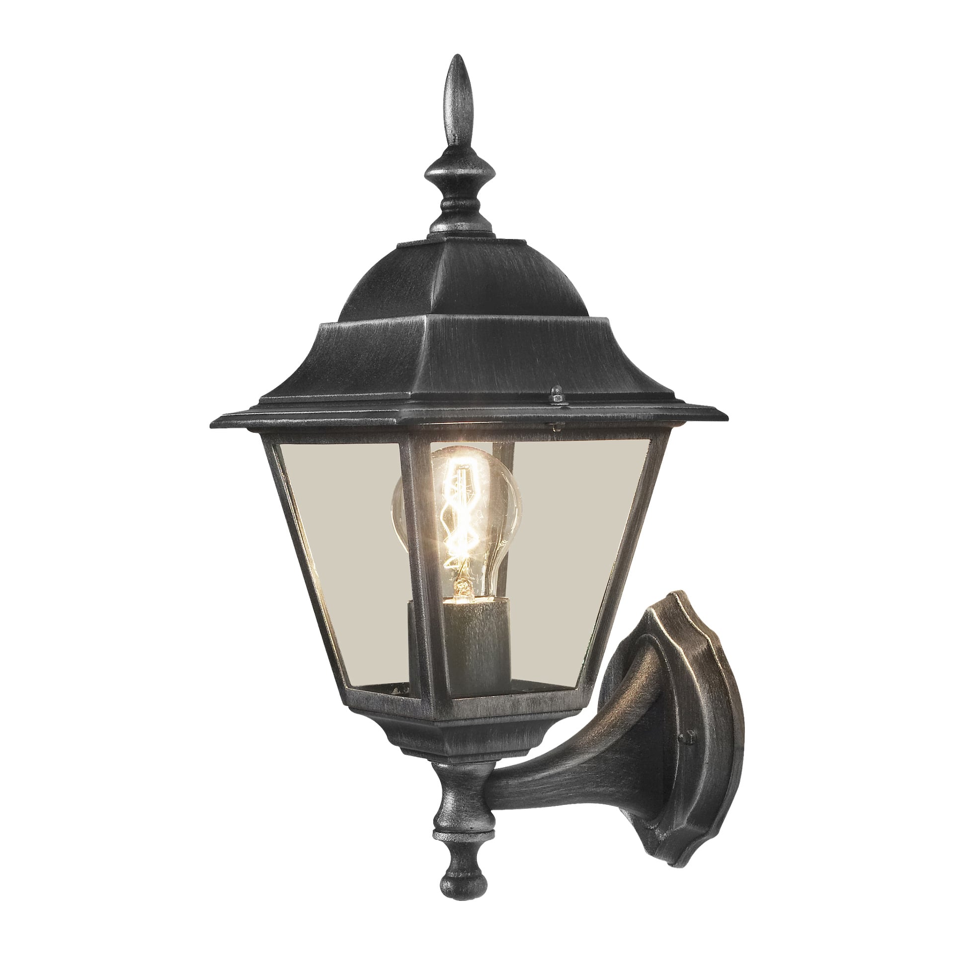 Svart Anslut vegglampe med tidløst design, ment for utendørs settinger. Den har et gjennomsiktig glasskabinett som viser den glødende pæren inni, og er festet til en utsmykket veggfeste.