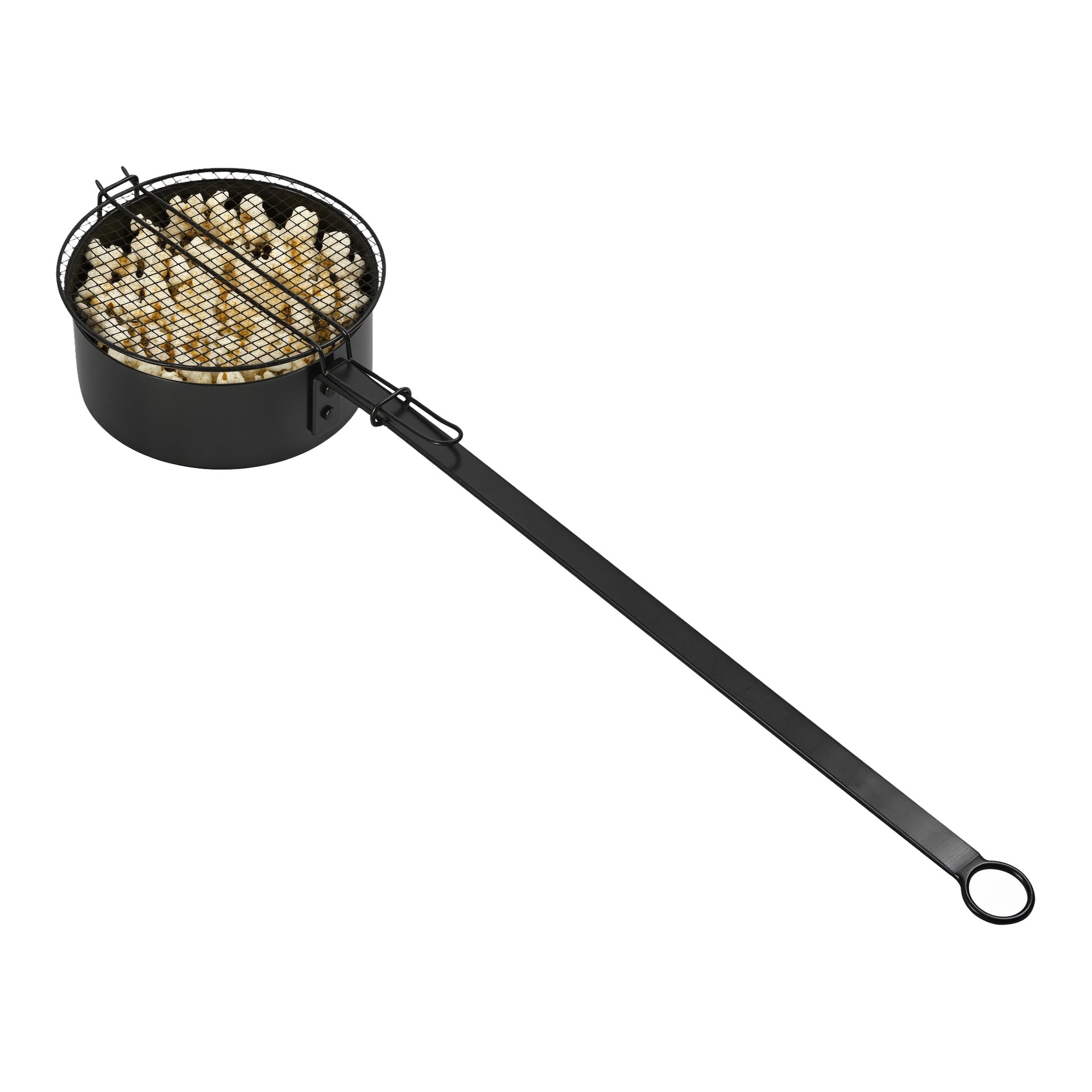 Popcornpoppare i svart metall med nätlock och förlängt handtag, som håller opoppade kärnor i sin runda kammare.