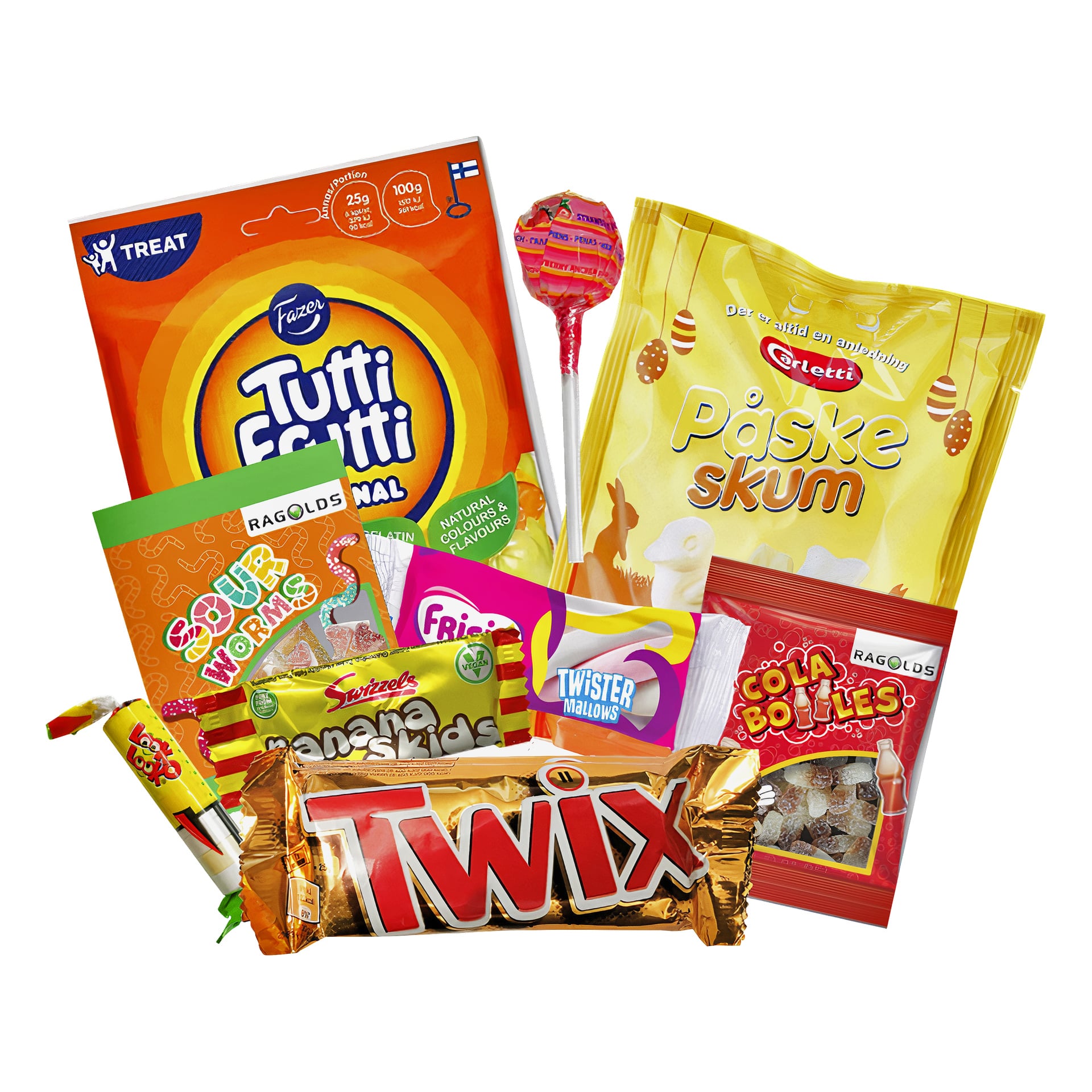 Diverse färgglada godisförpackningar: Twix, Tutti Frutti, Sour Worms, Banana Slices, Cola Bottles, lollipop, Påske Skum, Fruittella Twister.