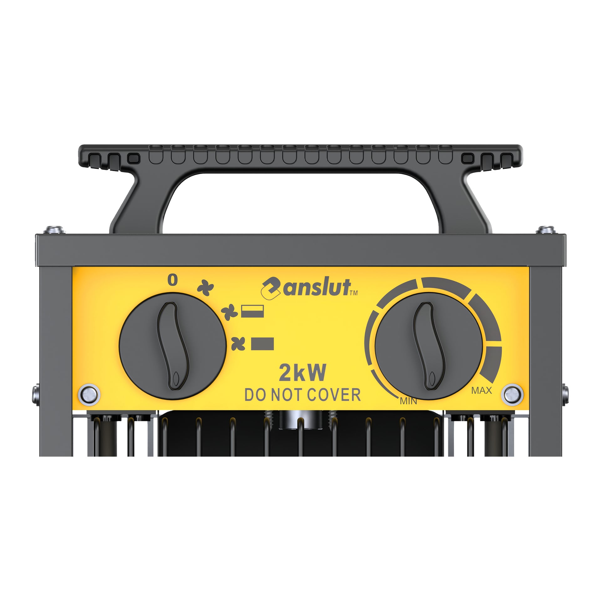Närbild på en gul och grå elvärmepanel med två svarta urtavlor, märkta med "anslut" och "2kW DO NOT COVER" undertill.
