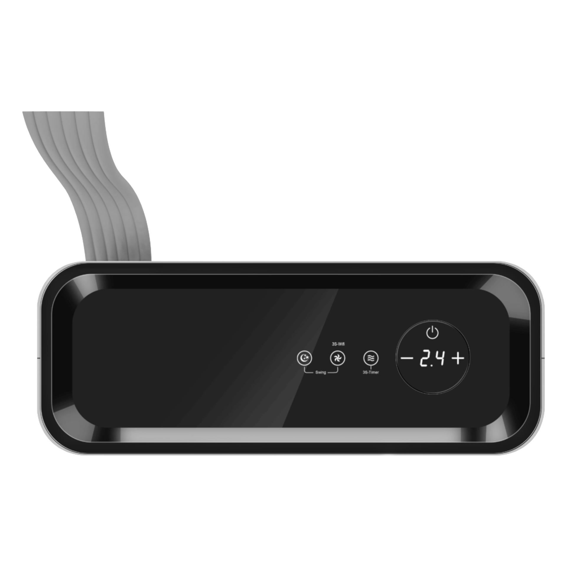 Elegant svart rektangulär enhet med blank framsida, digital display -2,4+, tre pekikoner, strömknapp höger, grått rör fäst till vänster.