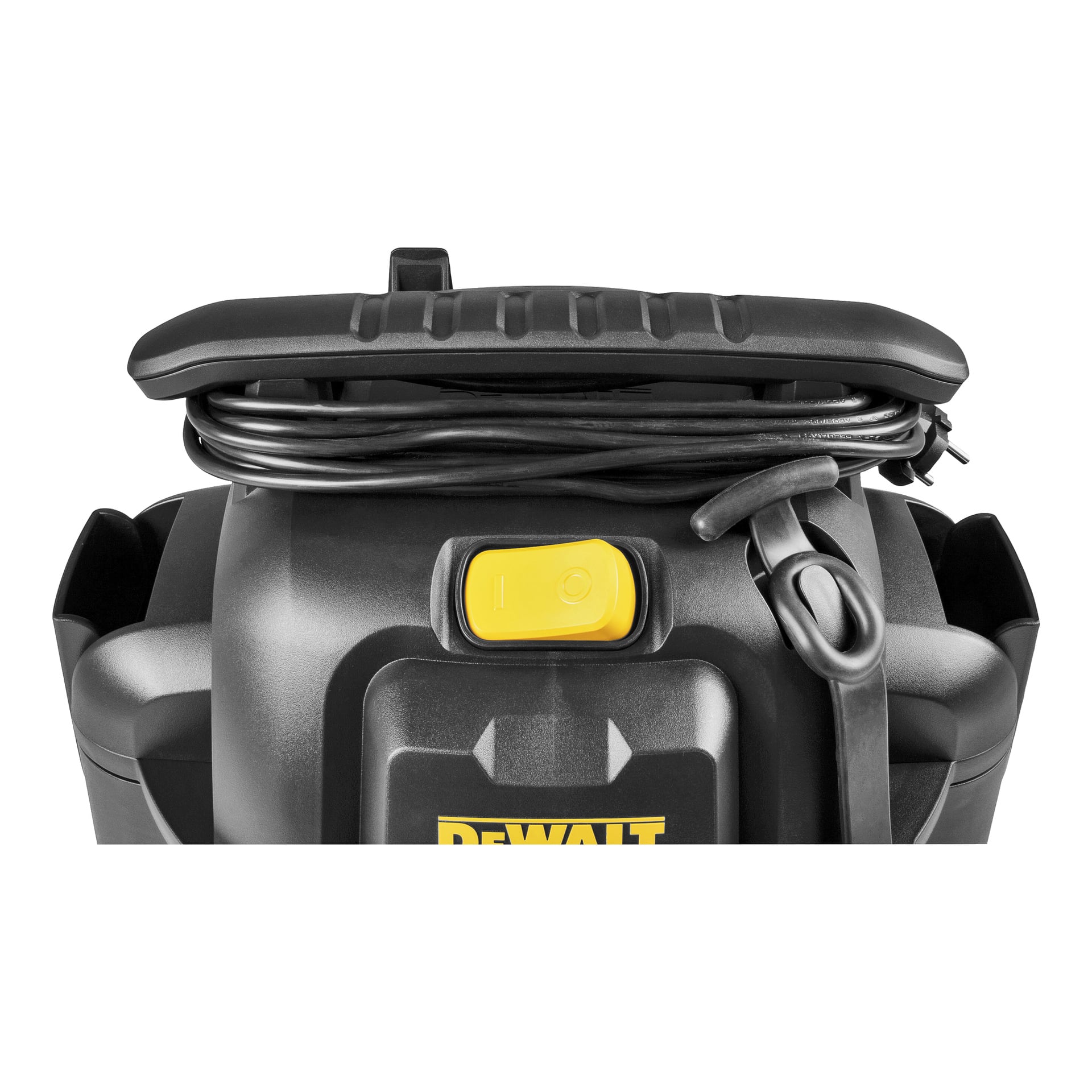 Detaljerad vy av toppen av en DeWalt-dammsugare, med en lindad sladd, gul strömbrytare och svart bärhandtag.