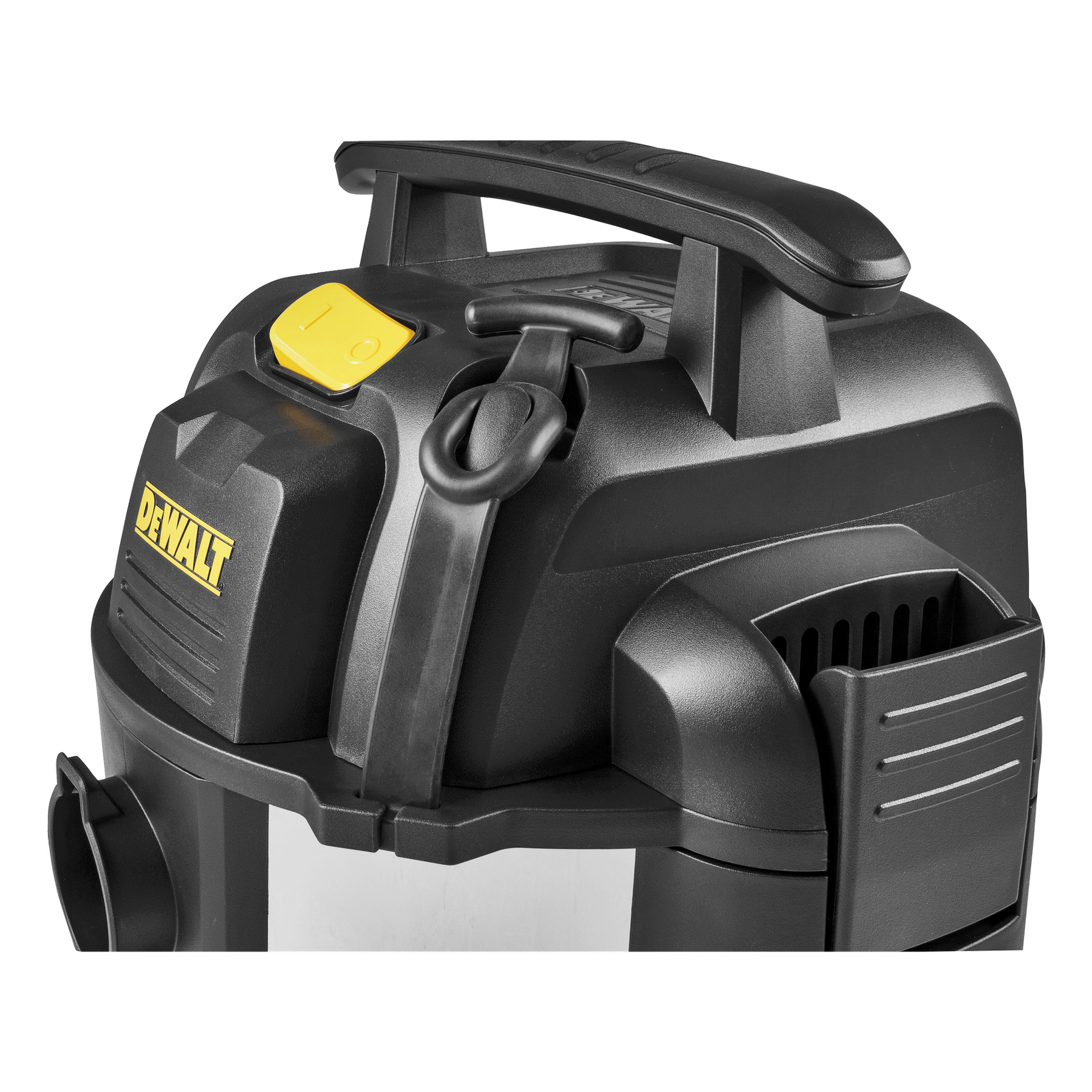 Närbild av den övre delen av en svart och gul DEWALT butiksdammsugare med handtag, strömbrytare, spärrar och tillbehörsförvaring.
