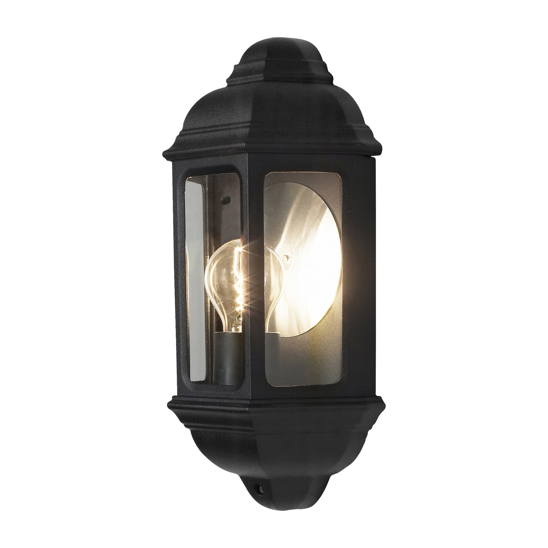 En svart Anslut Wall-lampa med klara glassidor och en synligt lysande glödlampa står upprätt, med mjukt rundade kanter och ett tidlöst, diskret utseende.