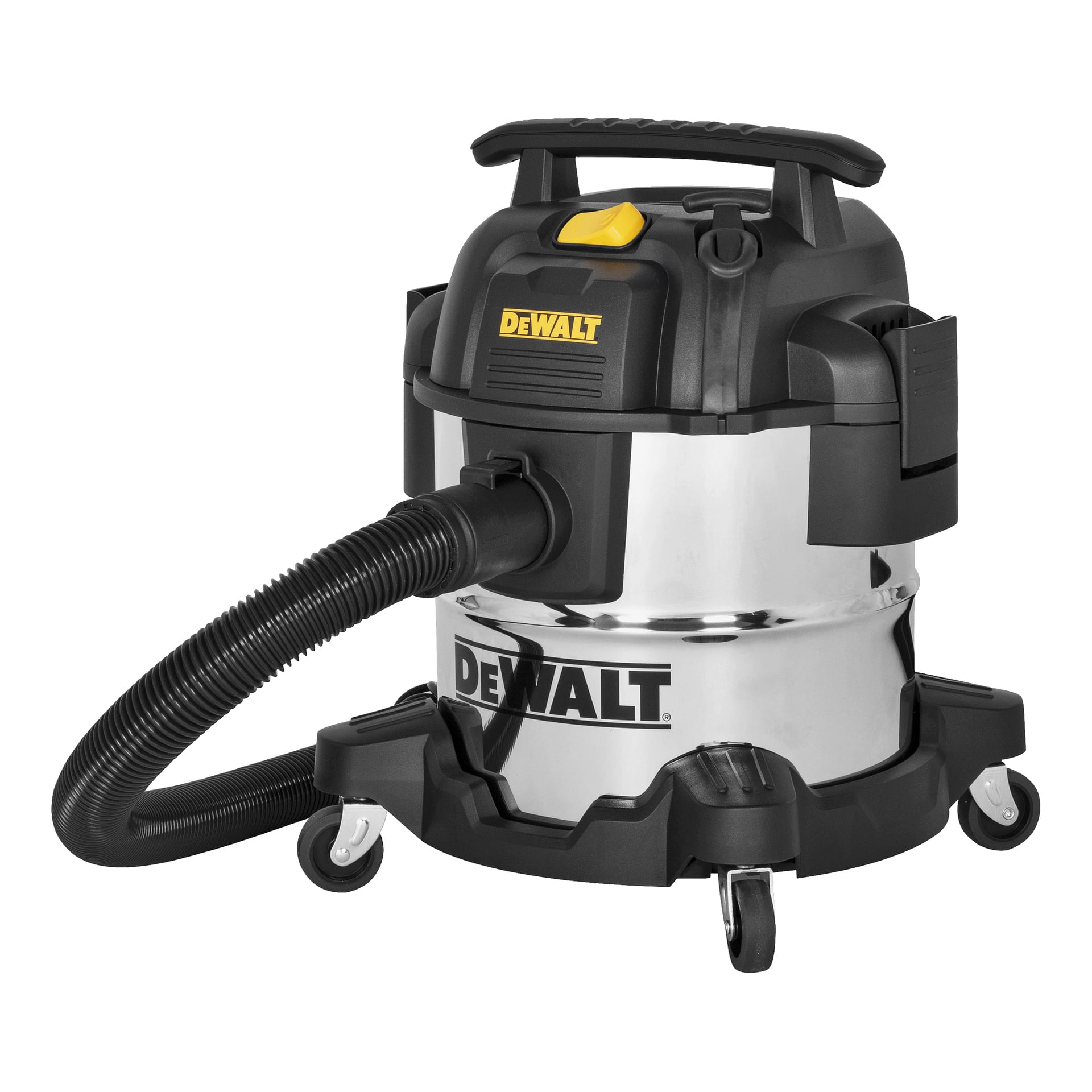 En DeWalt våt-/torrdammsugare i rostfritt stål med svart handtag, slang och hjul, plus en gul strömknapp och logotyp på framsidan.
