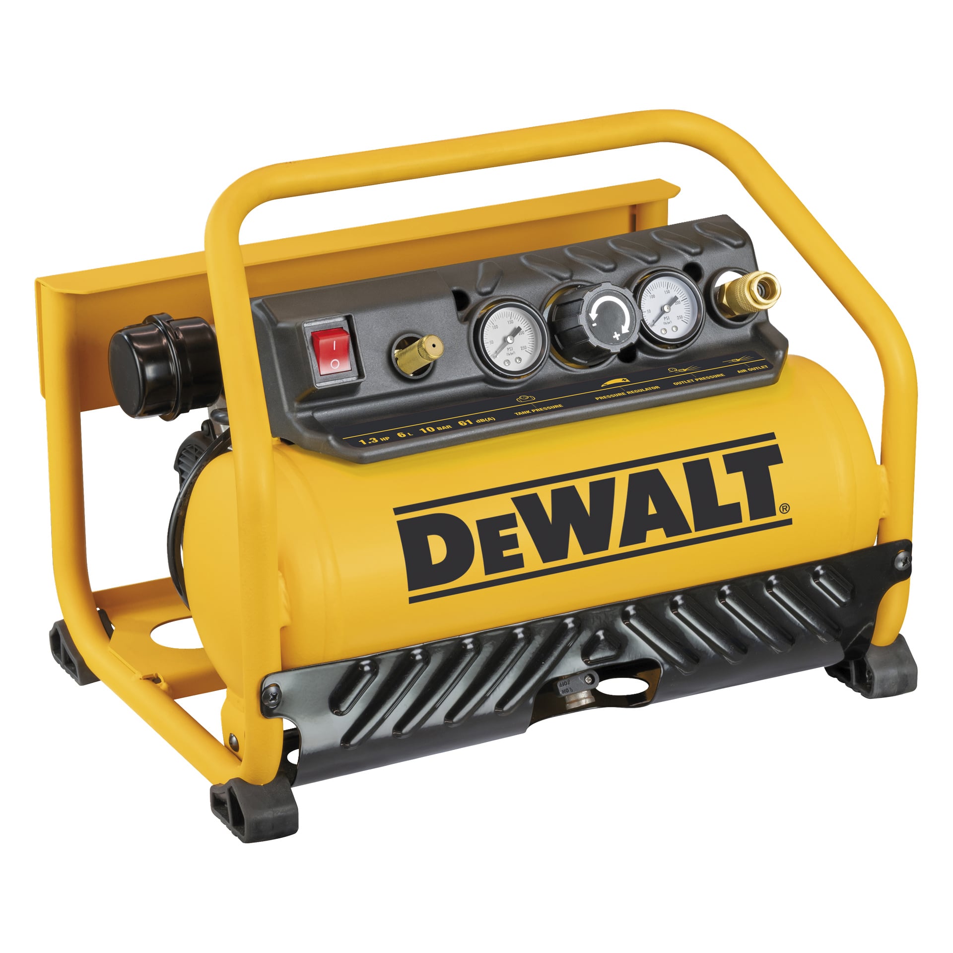 Gul DeWalt luftkompressor med svart handtag, tre mätare, röd strömbrytare, kontakter på en robust metallram.