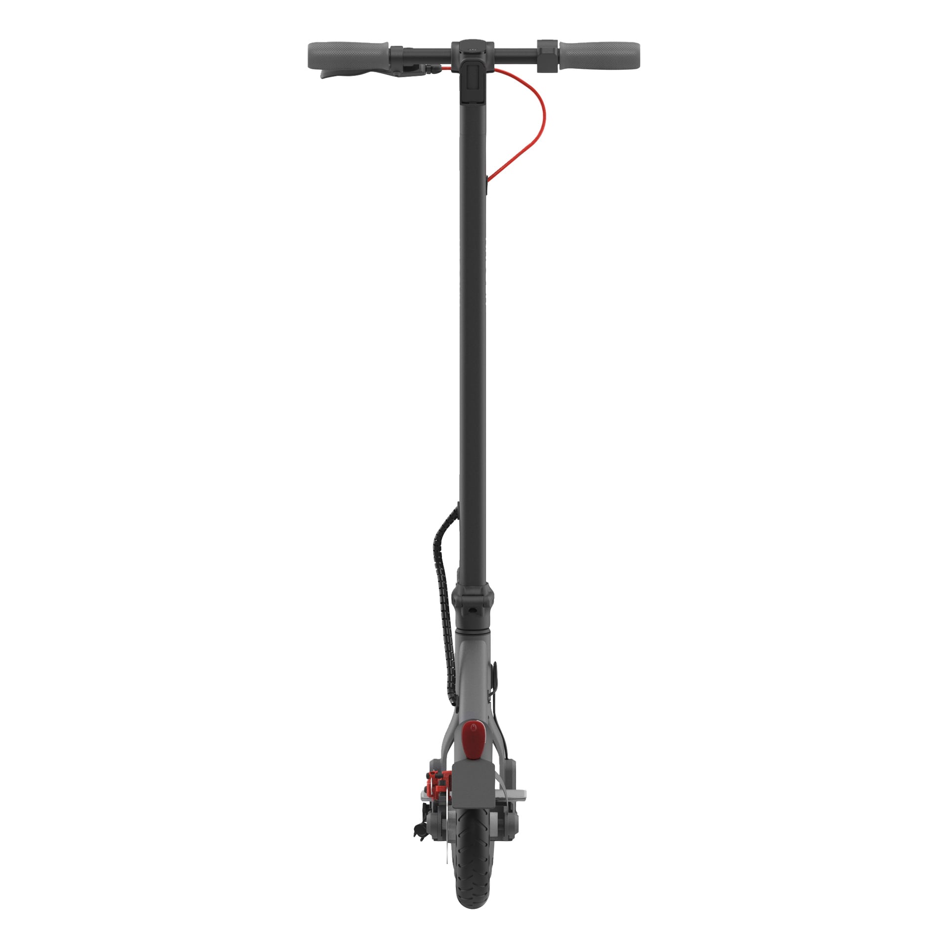 En framifrån vy av en svart elscooter som visar dess styre, framhjul, strålkastare, bromskabel och en del av styret.